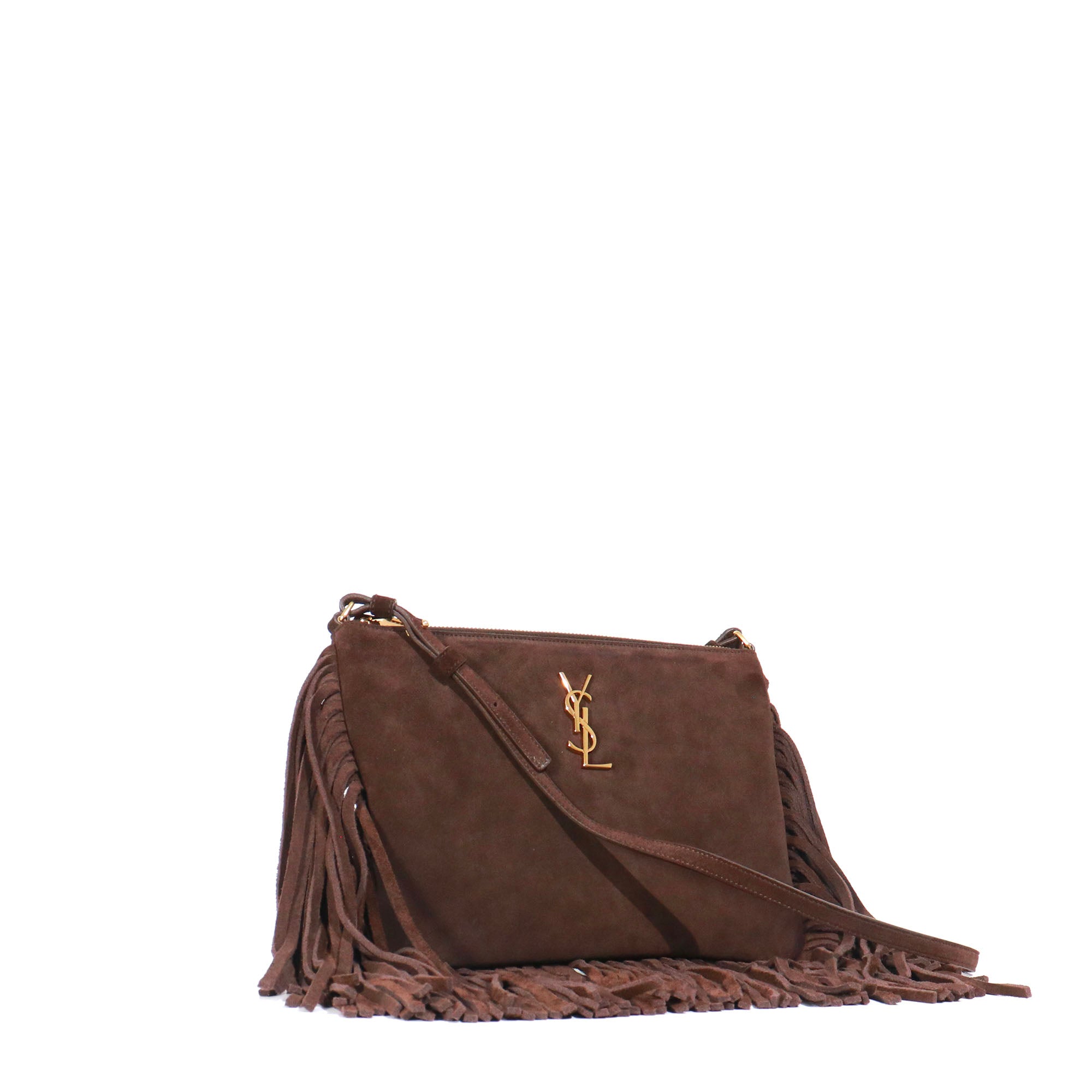 SAINT LAURENT - Sac à bandoulière Saint Laurent à franges en daim marron