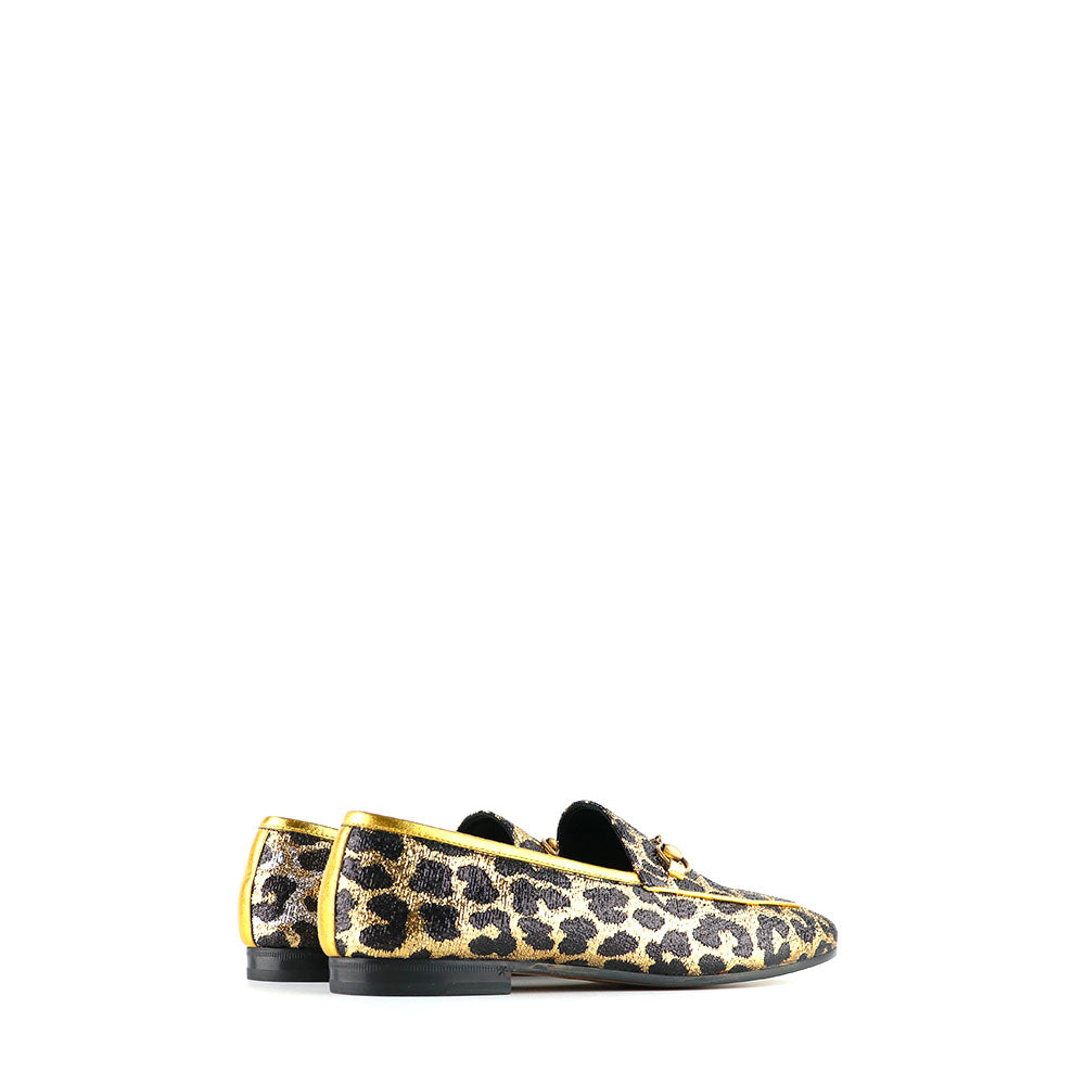 GUCCI - Mocassins Jordaan à paillettes dorées motif léopard (T40)