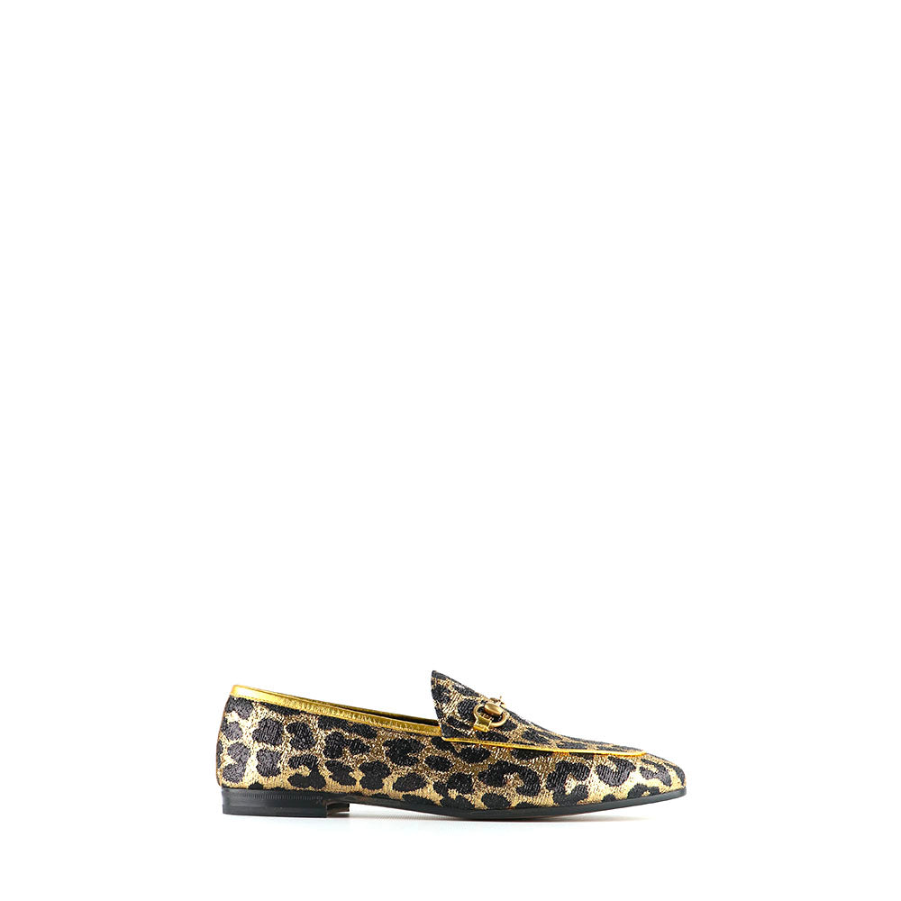 GUCCI - Mocassins Jordaan à paillettes dorées motif léopard (T40)