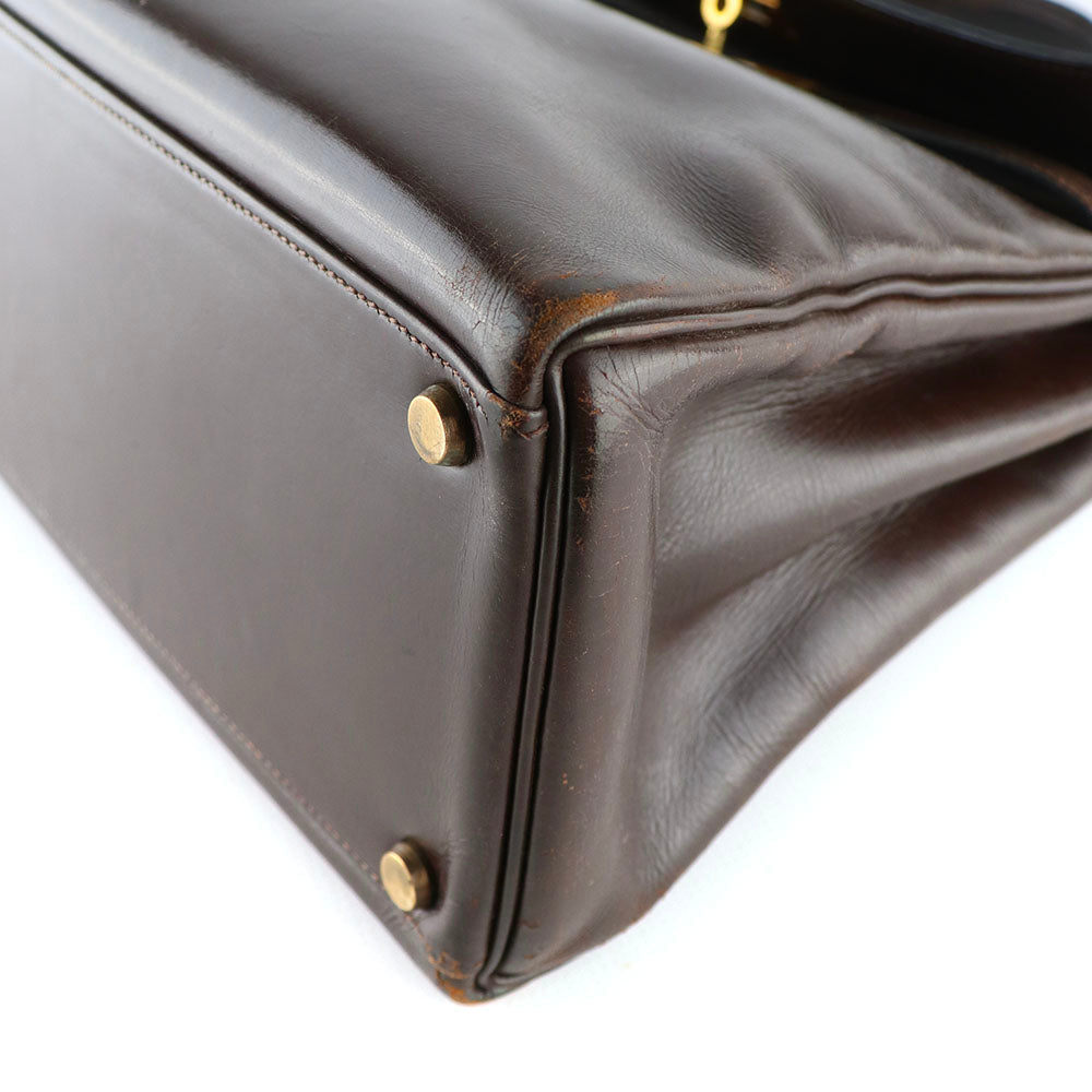 HERMÈS - Sac à main Kelly 32 en cuir box chocolat vintage