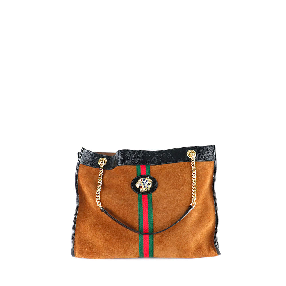 GUCCI - Sac cabas Rajah en daim marron et cuir noir