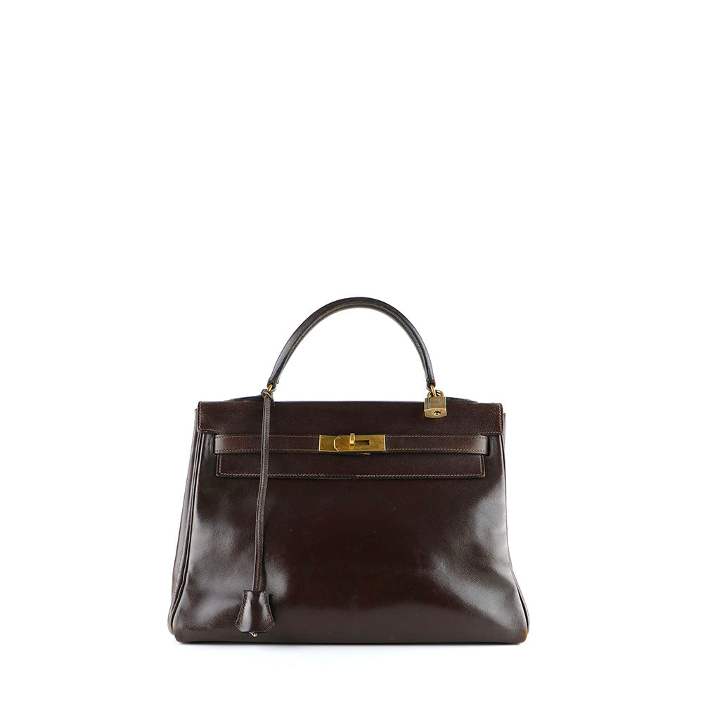 HERMÈS - Sac à main Kelly 32 en cuir box chocolat vintage