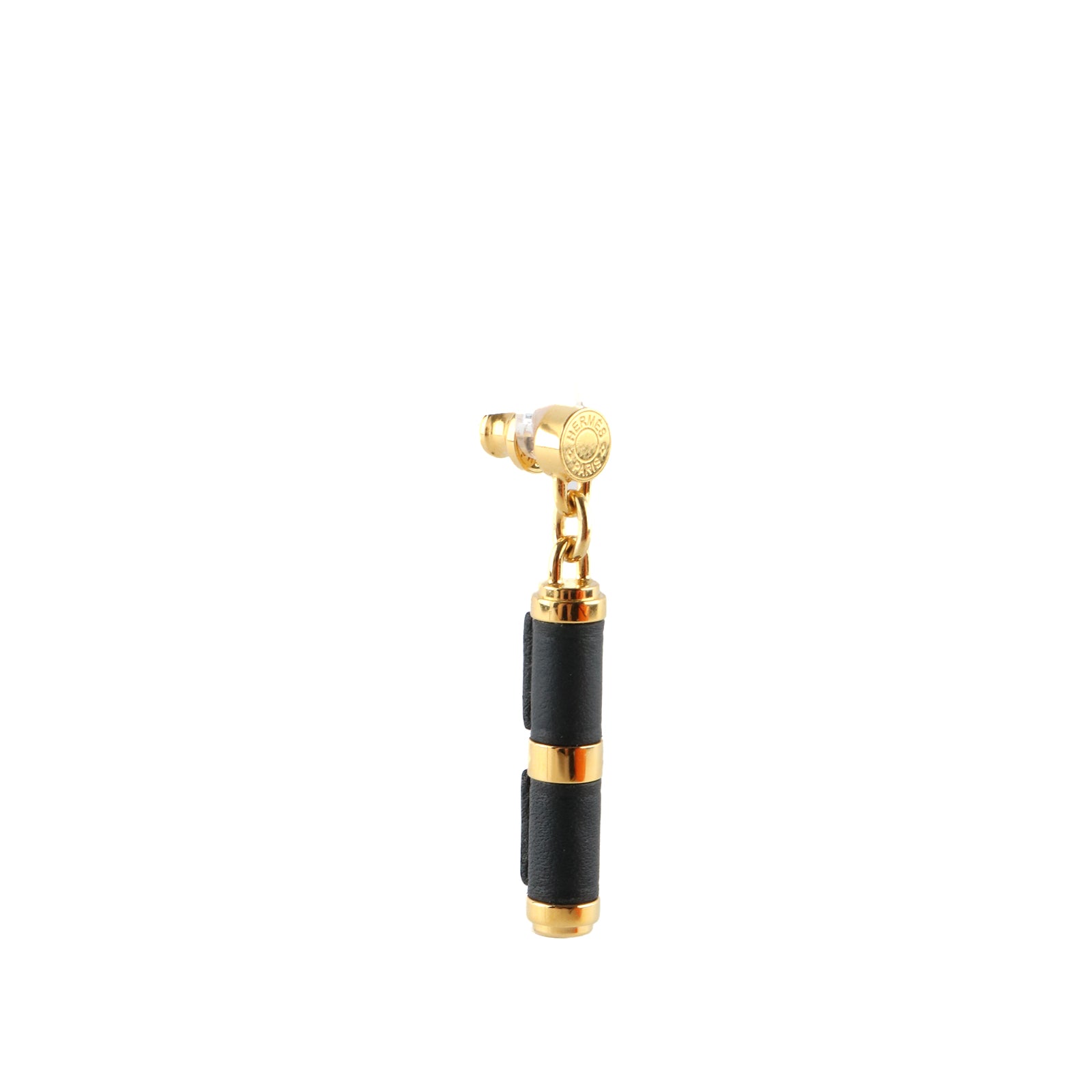 HERMÈS - Boucles d'oreilles Charnière dorées et cuir noir