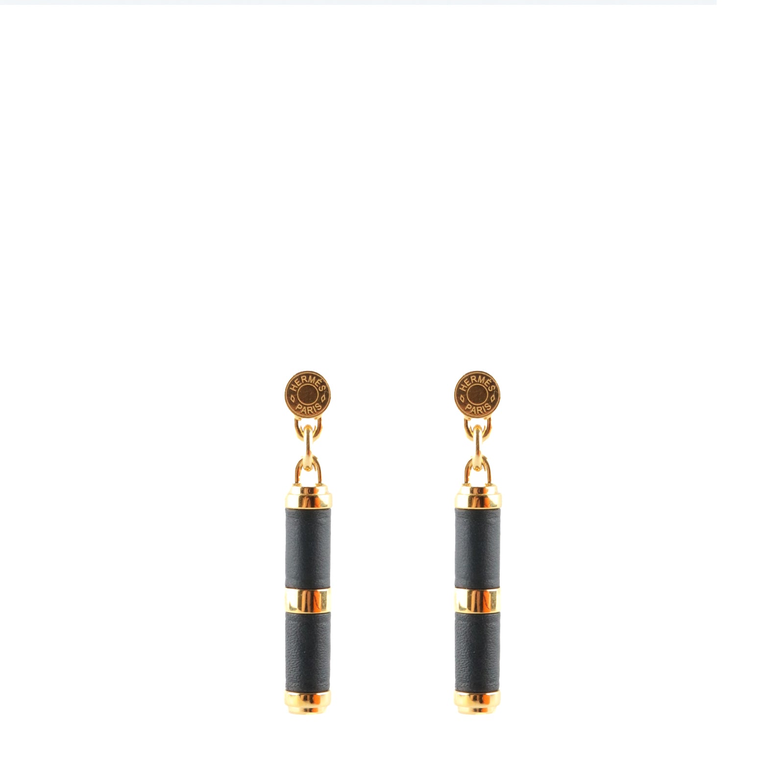 HERMÈS - Boucles d'oreilles Charnière dorées et cuir noir