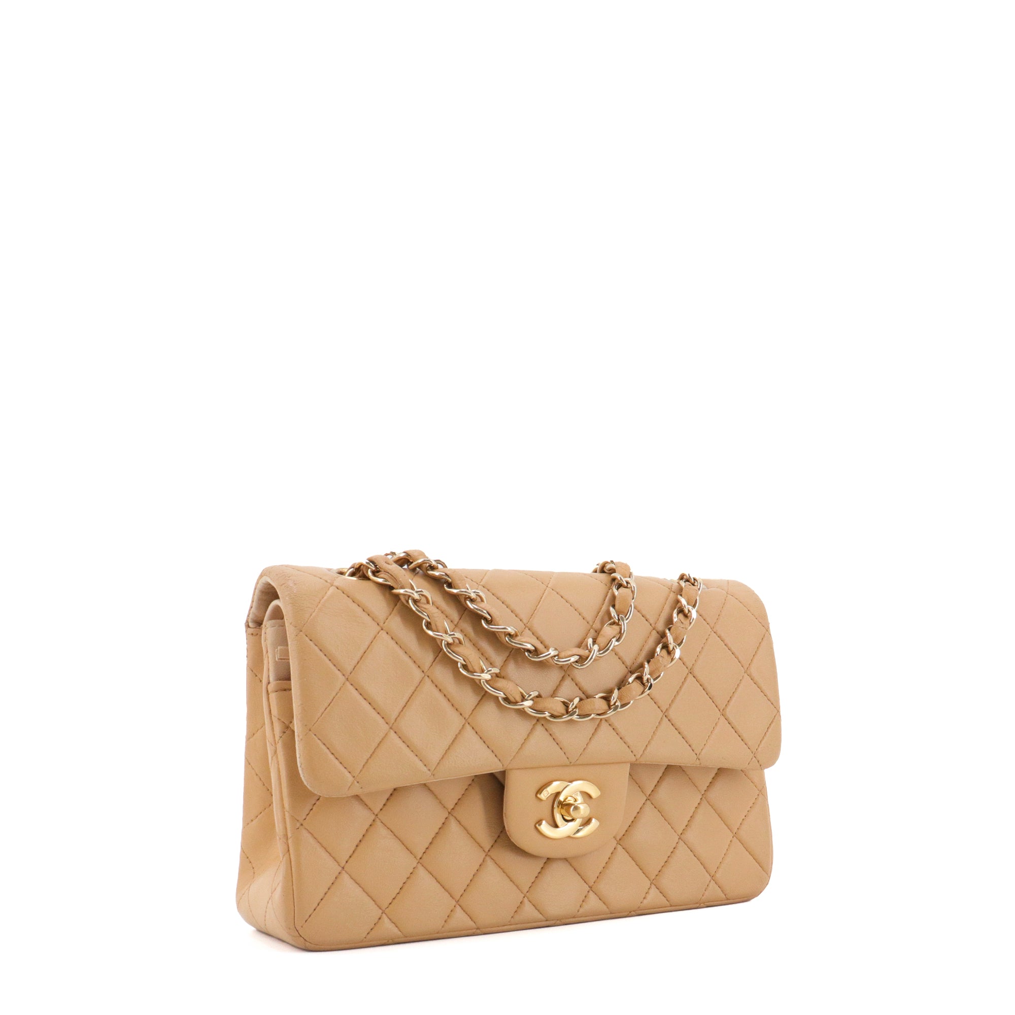CHANEL - Sac à main Classique/Timeless small Chanel en cuir lisse beige vintage