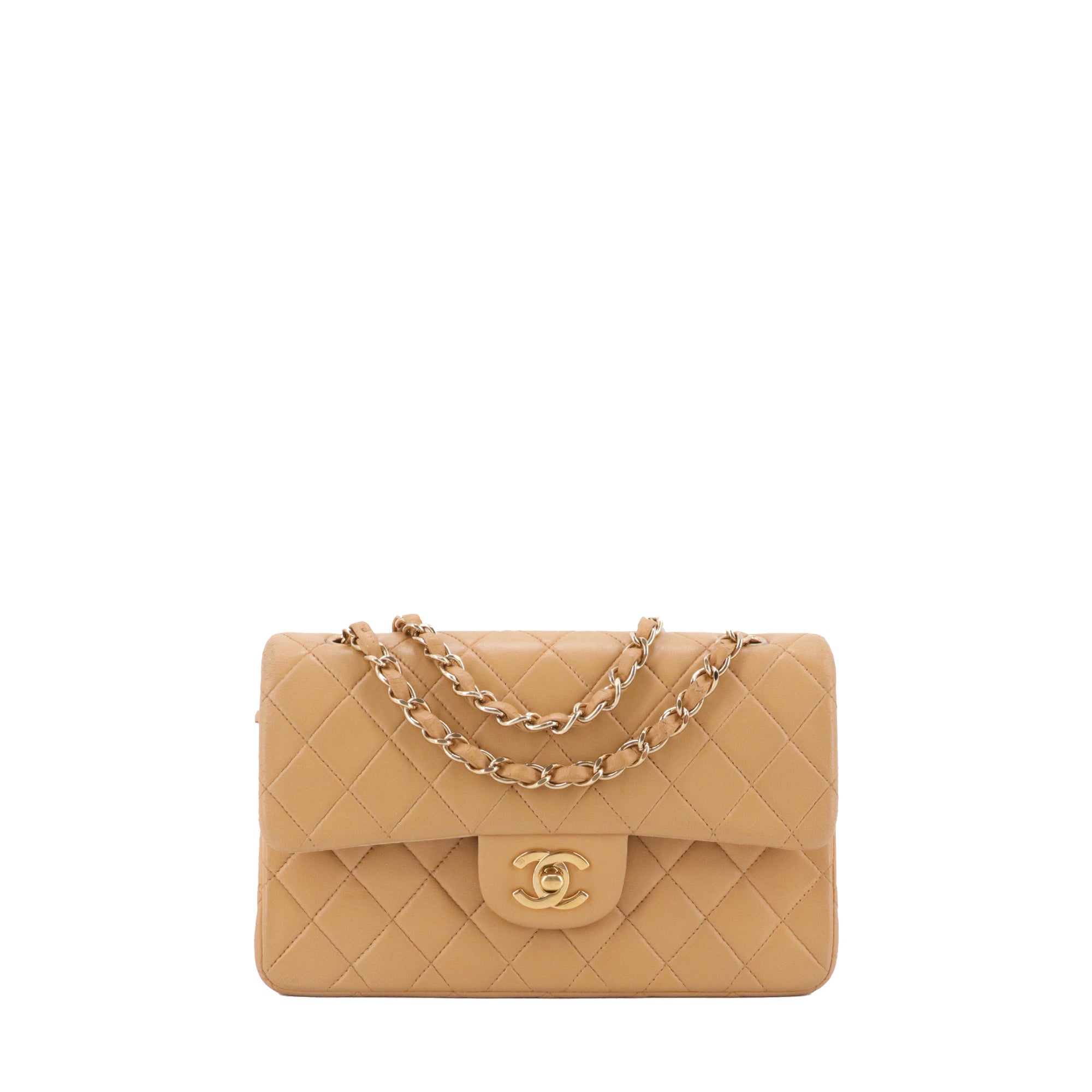 CHANEL - Sac à main Classique/Timeless small Chanel en cuir lisse beige vintage
