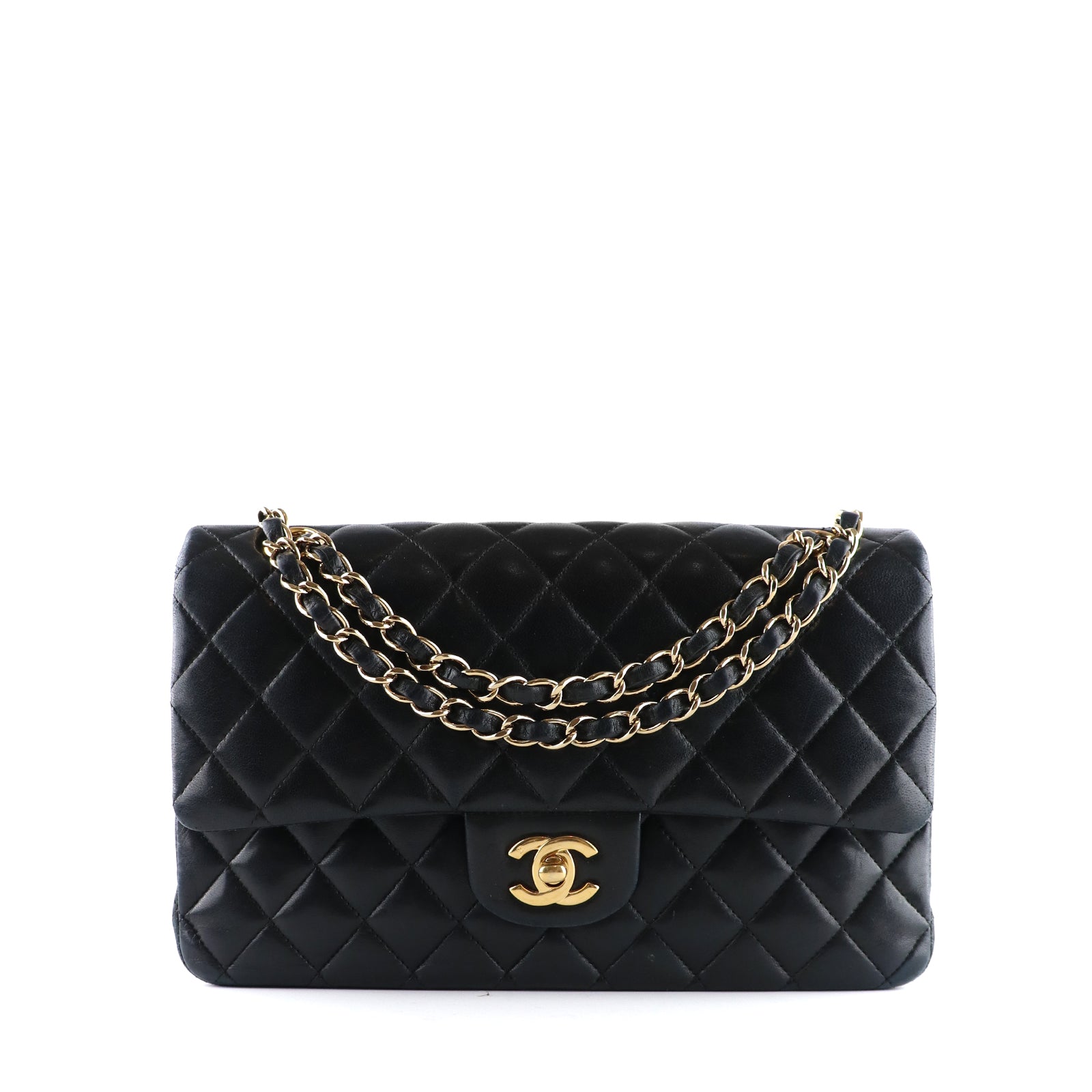 CHANEL - Sac à main Timeless 26 double flap en cuir matelassé noir vintage