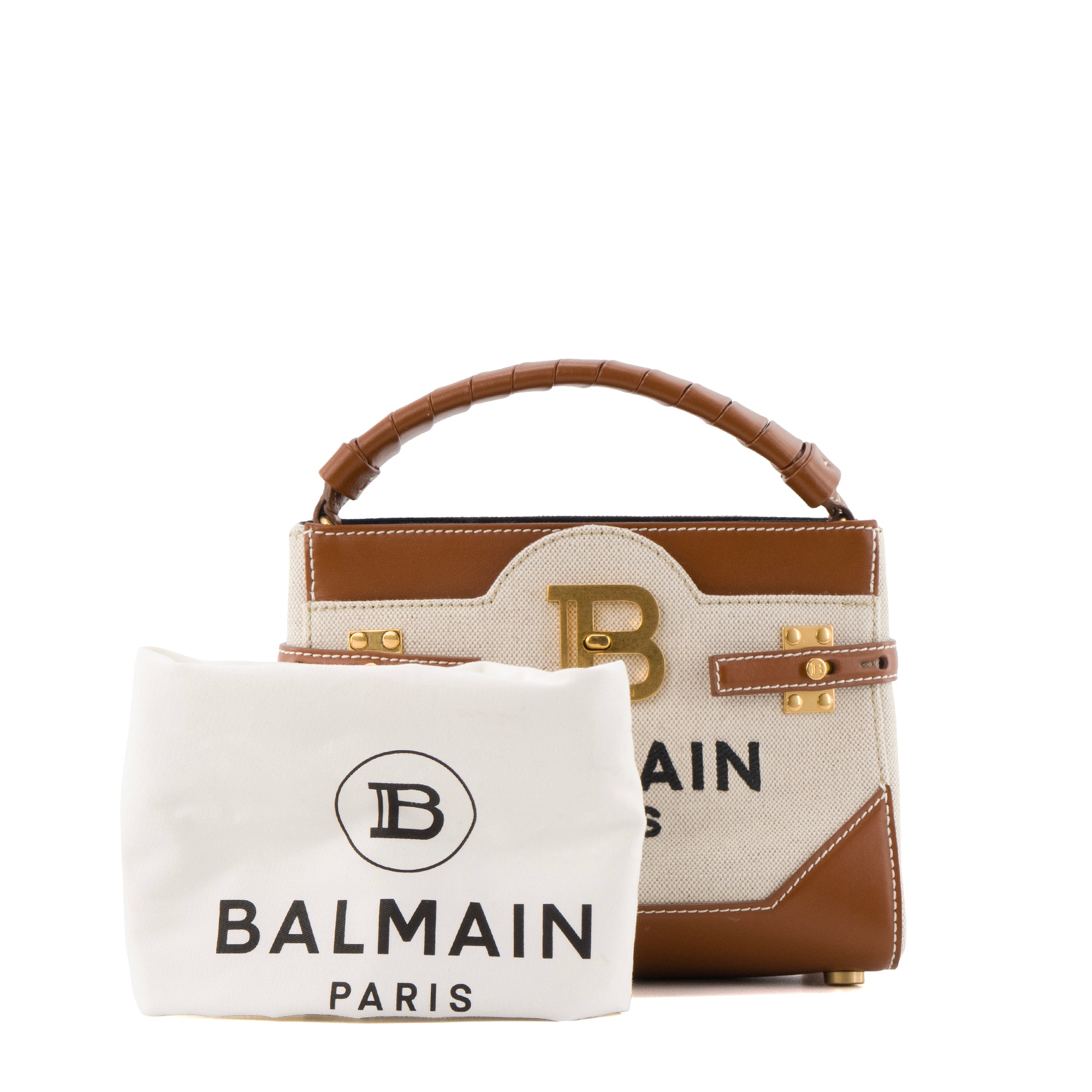 BALMAIN - Sac à bandoulière B-Buzz 22 Balmain en toile beige et cuir marron
