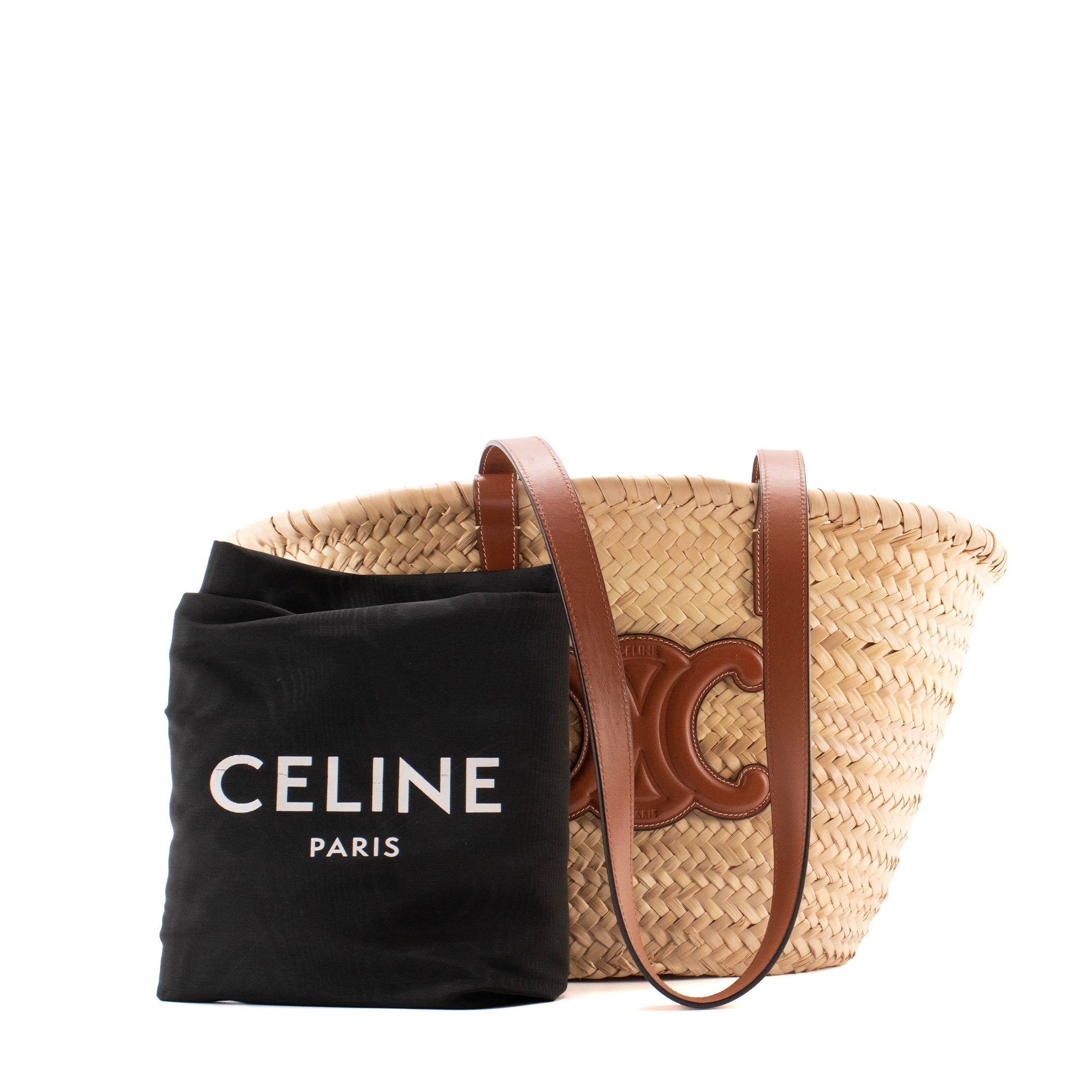 CELINE - Sac cabas Panier Triomphe Moyen Celine en feuilles de palmier et cuir marron