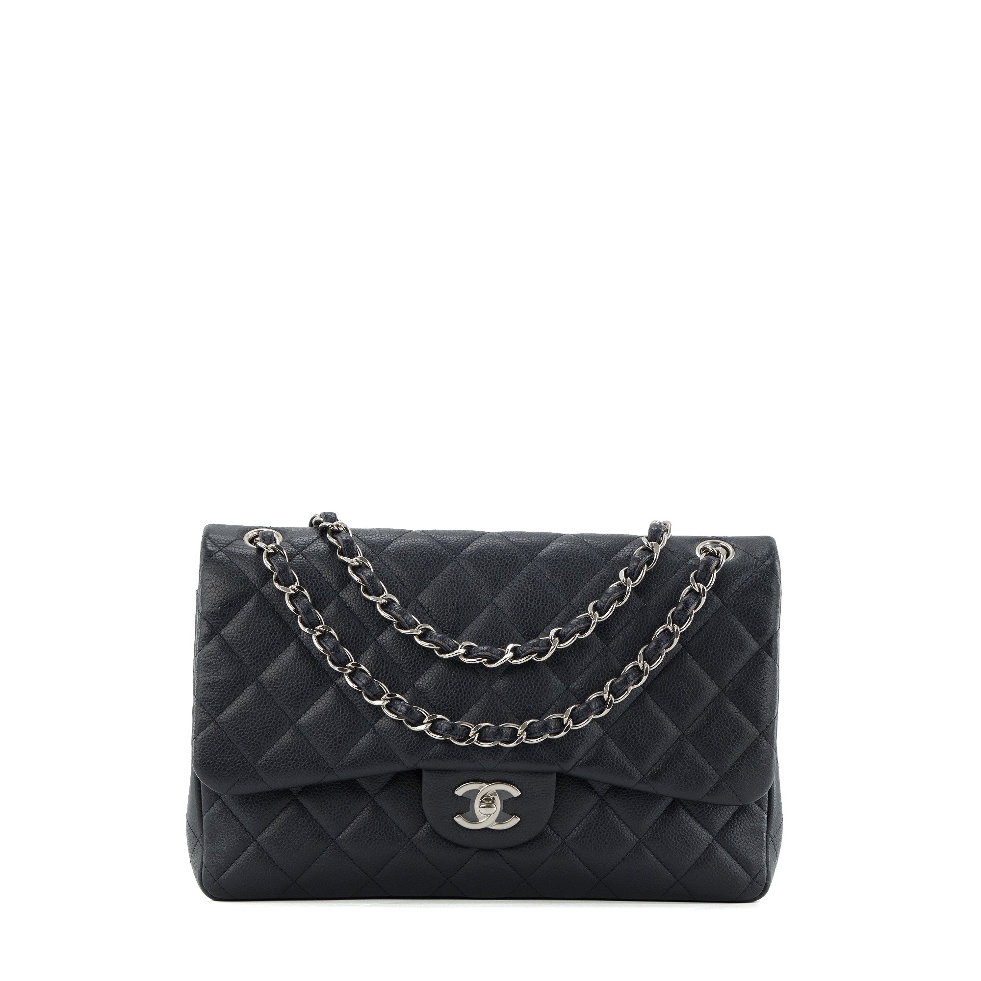 CHANEL - Sac à bandoulière Classique/Timeless Jumbo Chanel en cuir caviar bleu marine