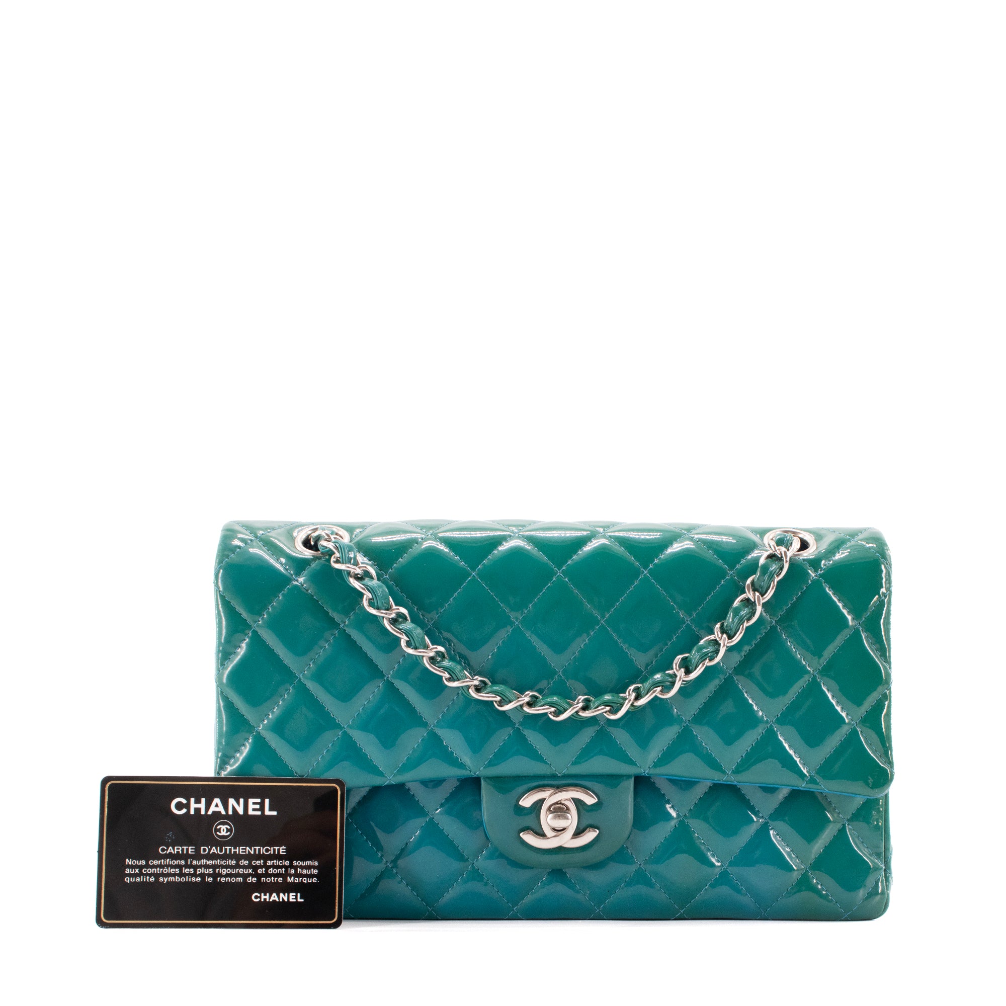 CHANEL - Sac à main Classique/Timeless 11.12 Chanel en cuir verni bleu vert