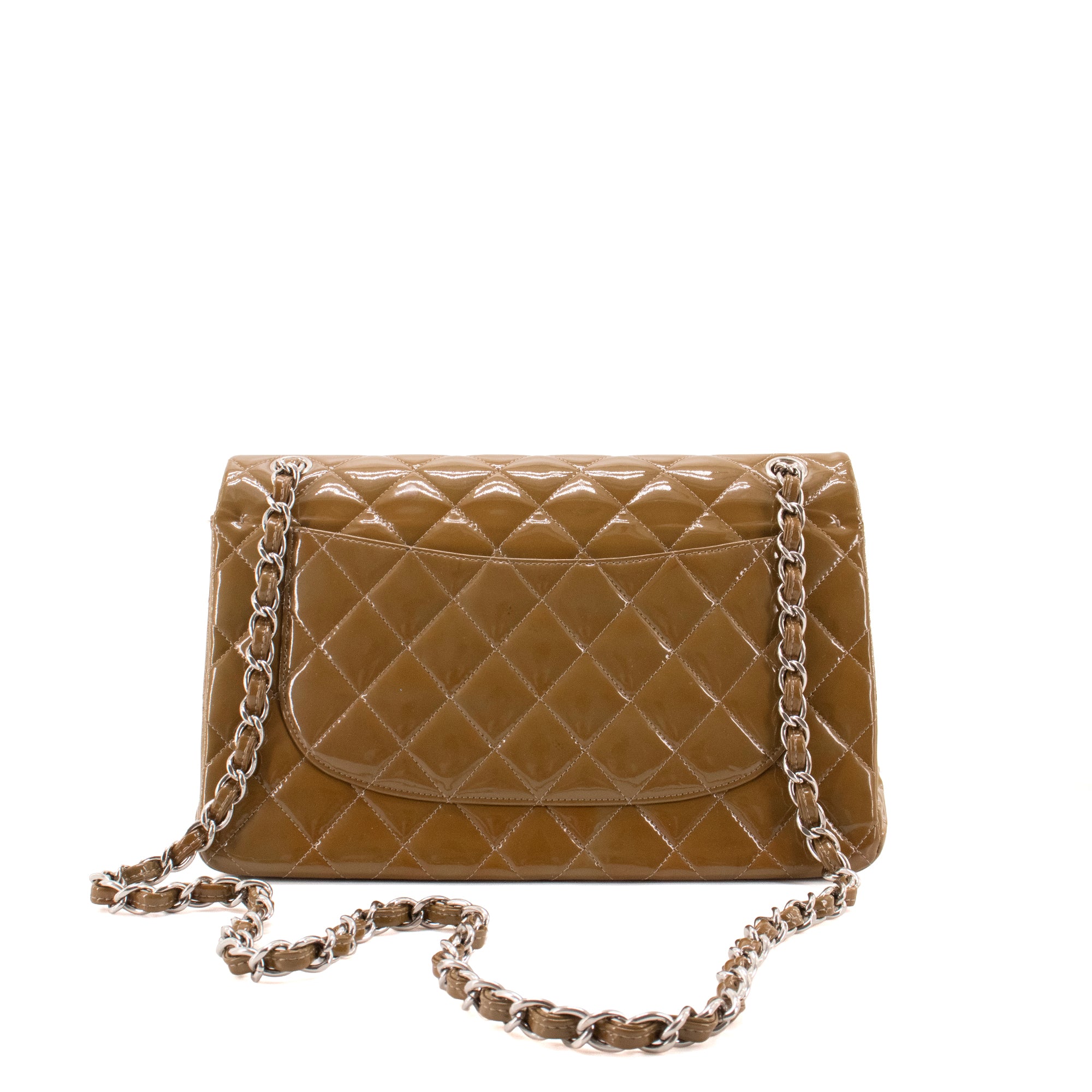 CHANEL - Sac à main Classique/Timeless Jumbo Chanel en cuir verni kaki