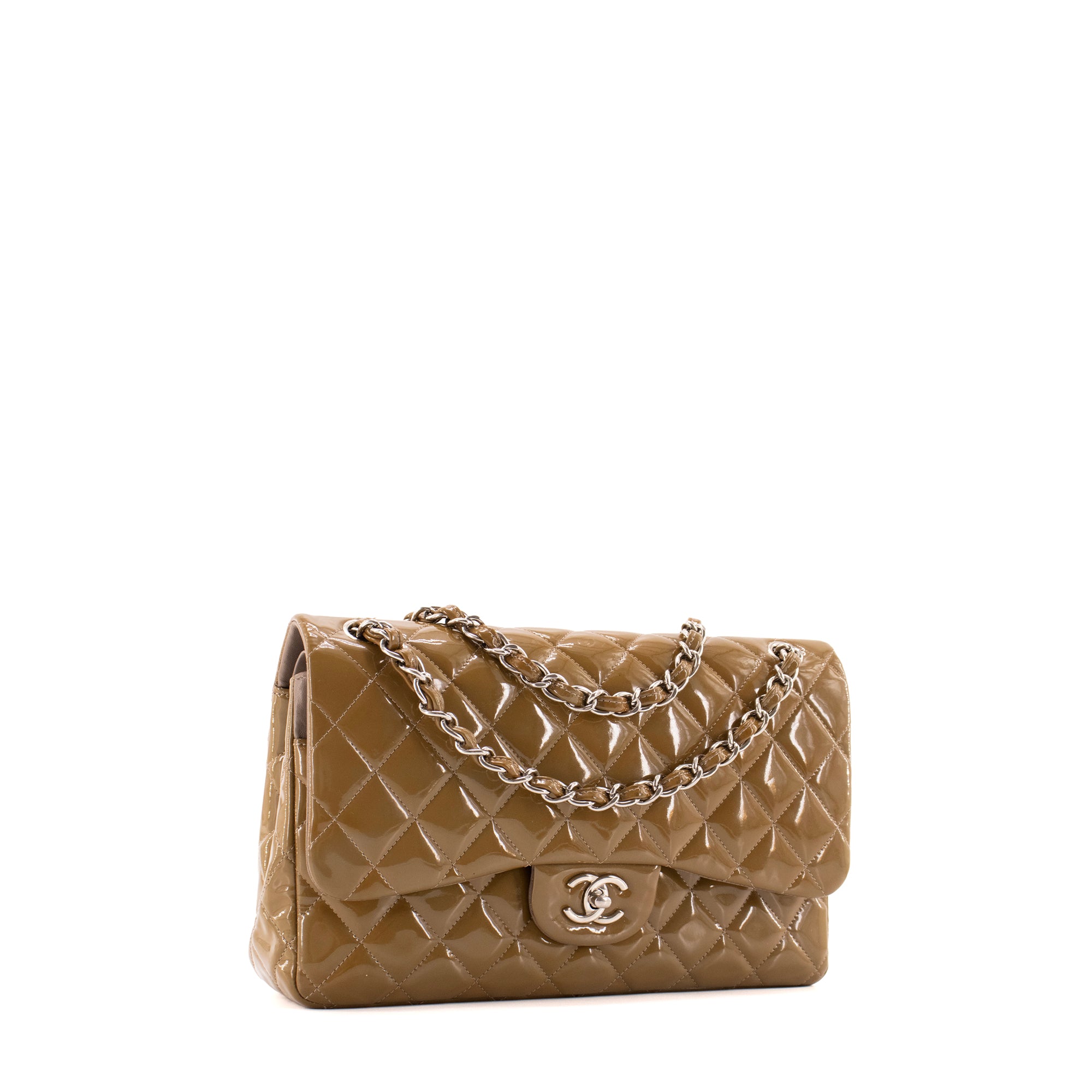 CHANEL - Sac à main Classique/Timeless Jumbo Chanel en cuir verni kaki