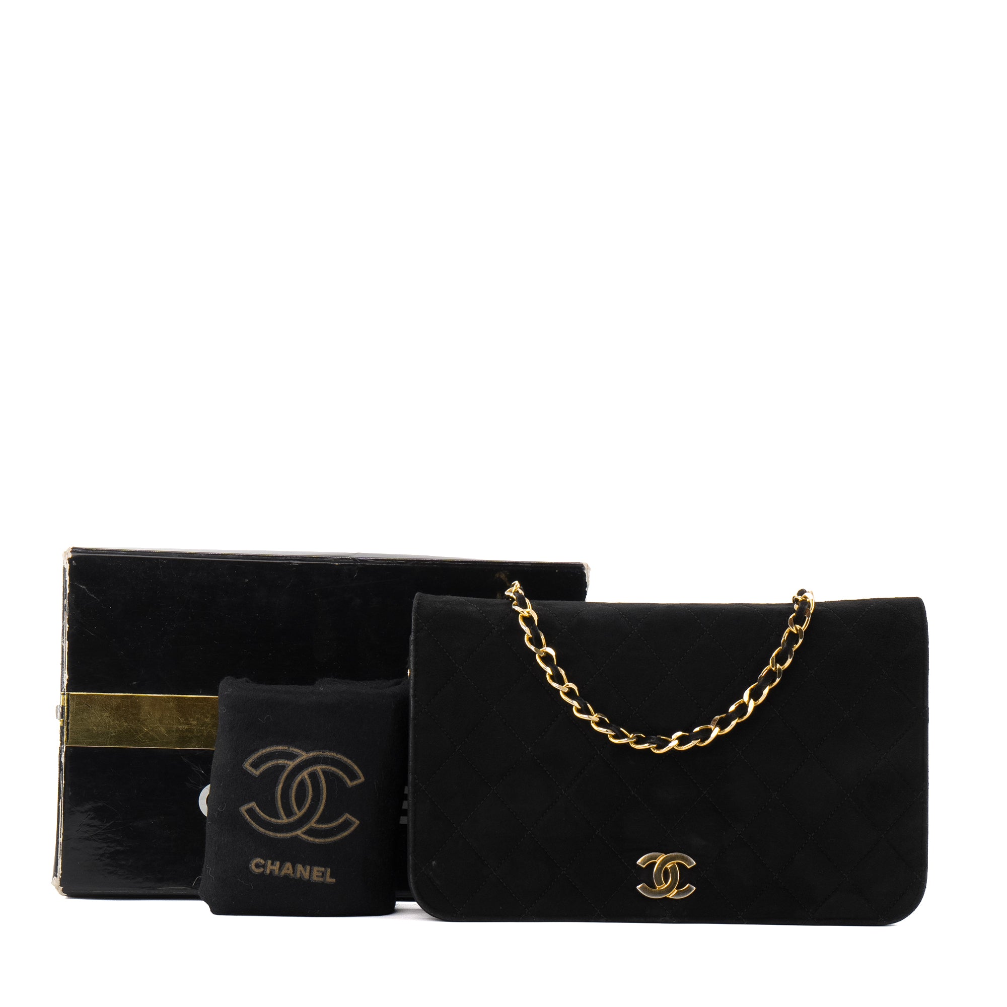CHANEL - Sac à épaule à rabat Chanel en daim noir vintage