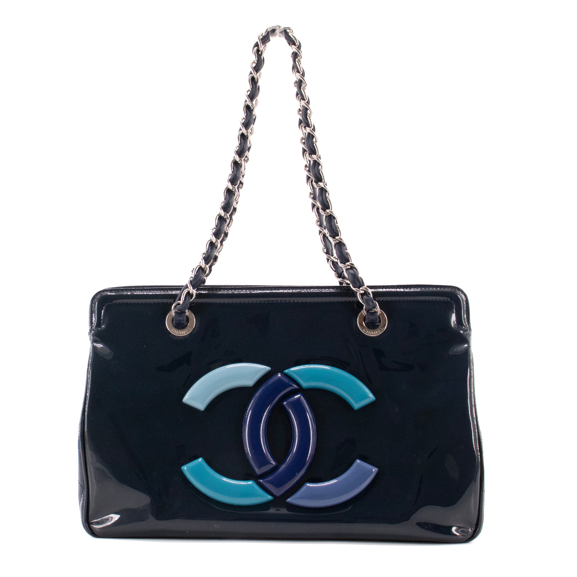 CHANEL - Sac cabas Lipstick CC Chanel en cuir verni bleu marine