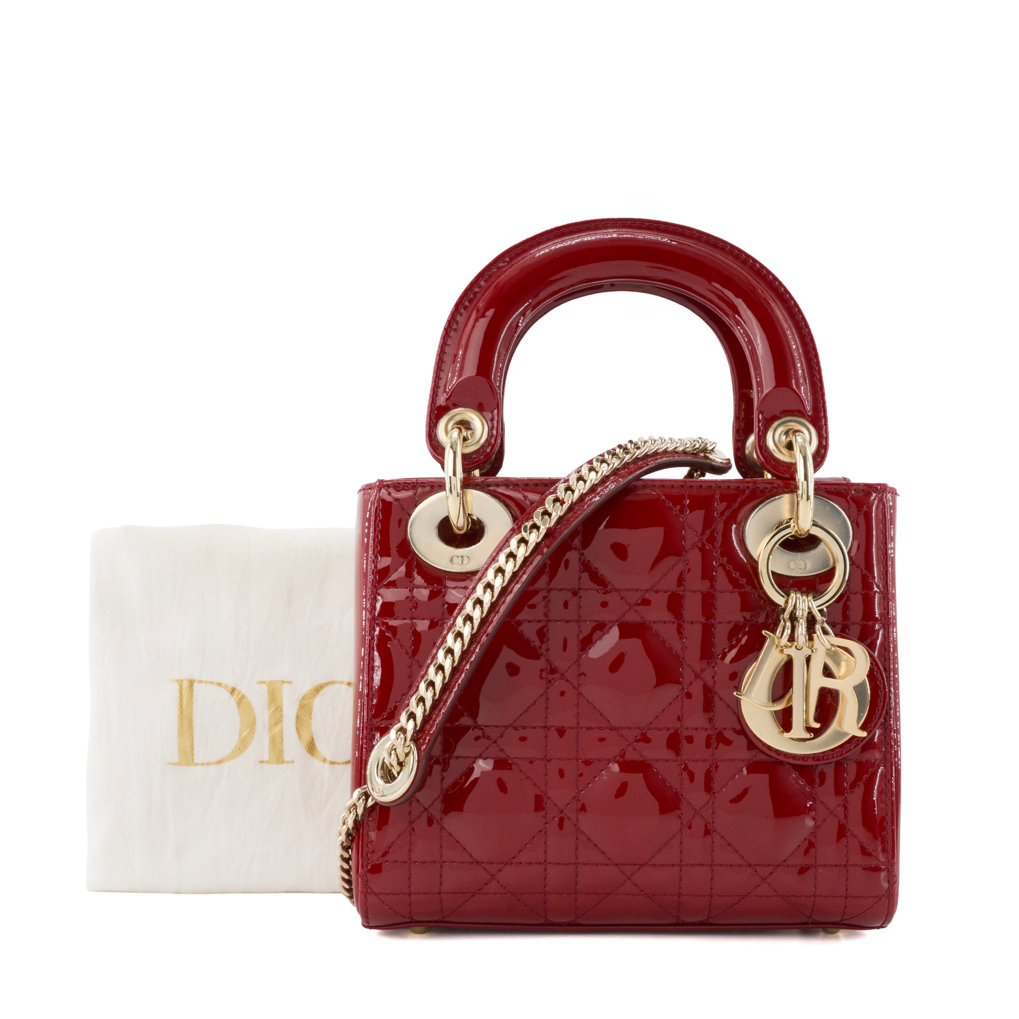 DIOR - Sac à bandoulière Lady Dior small Dior en cuir verni bordeaux