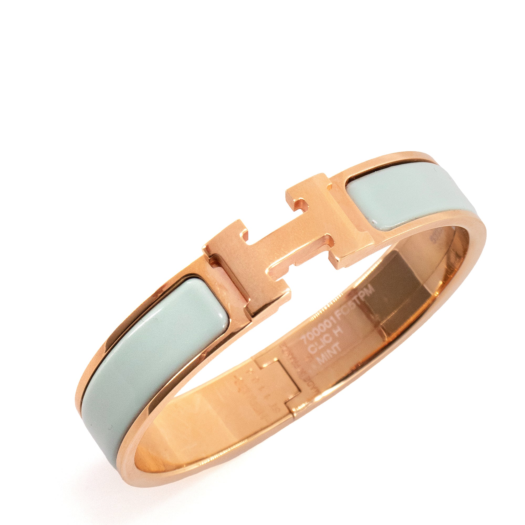 HERMÈS - Bracelet Clic H Hermès en métal rose doré et émail turquoise (PM)