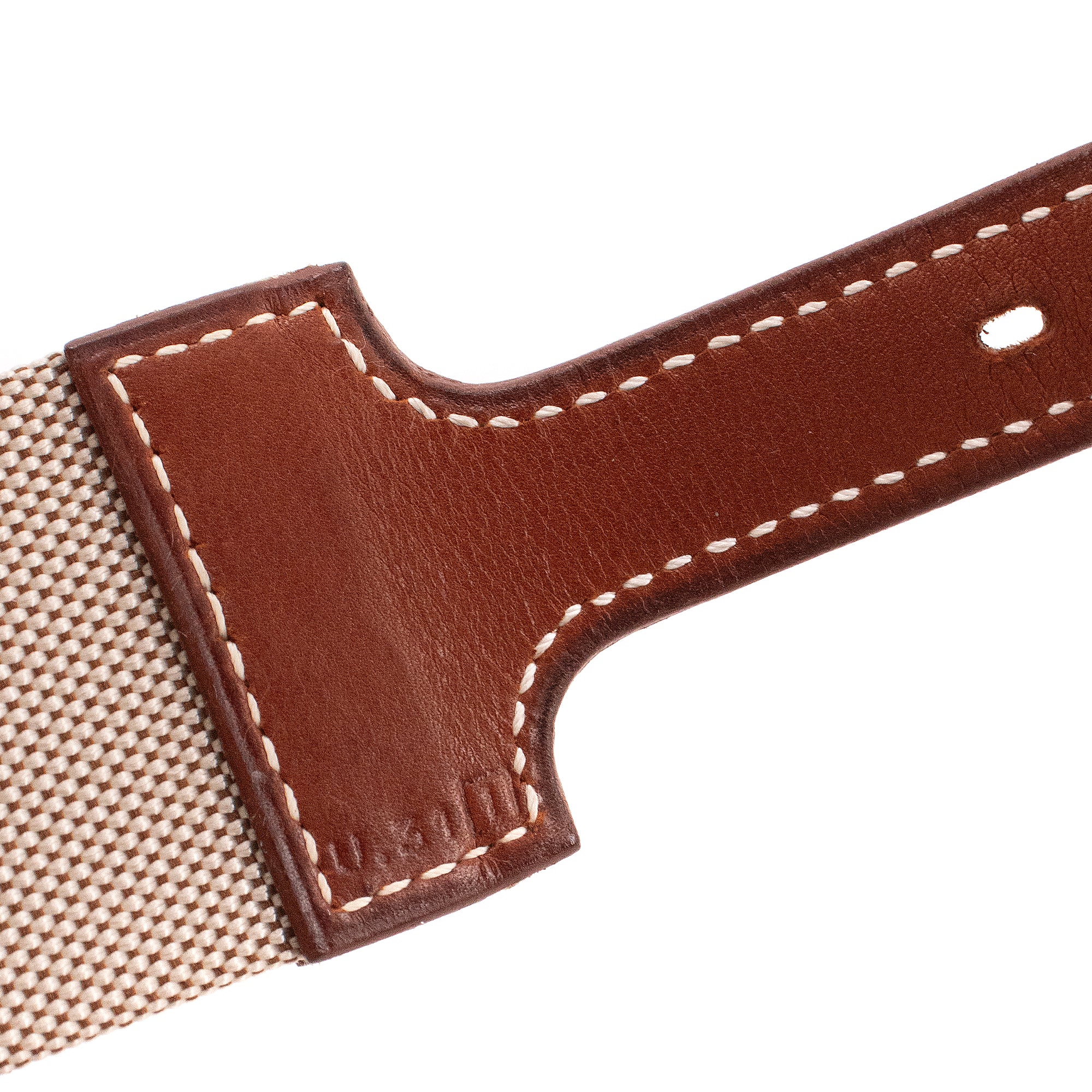 HERMÈS - Ceinture Khan Hermès en toile et cuir barénia vintage (T85)