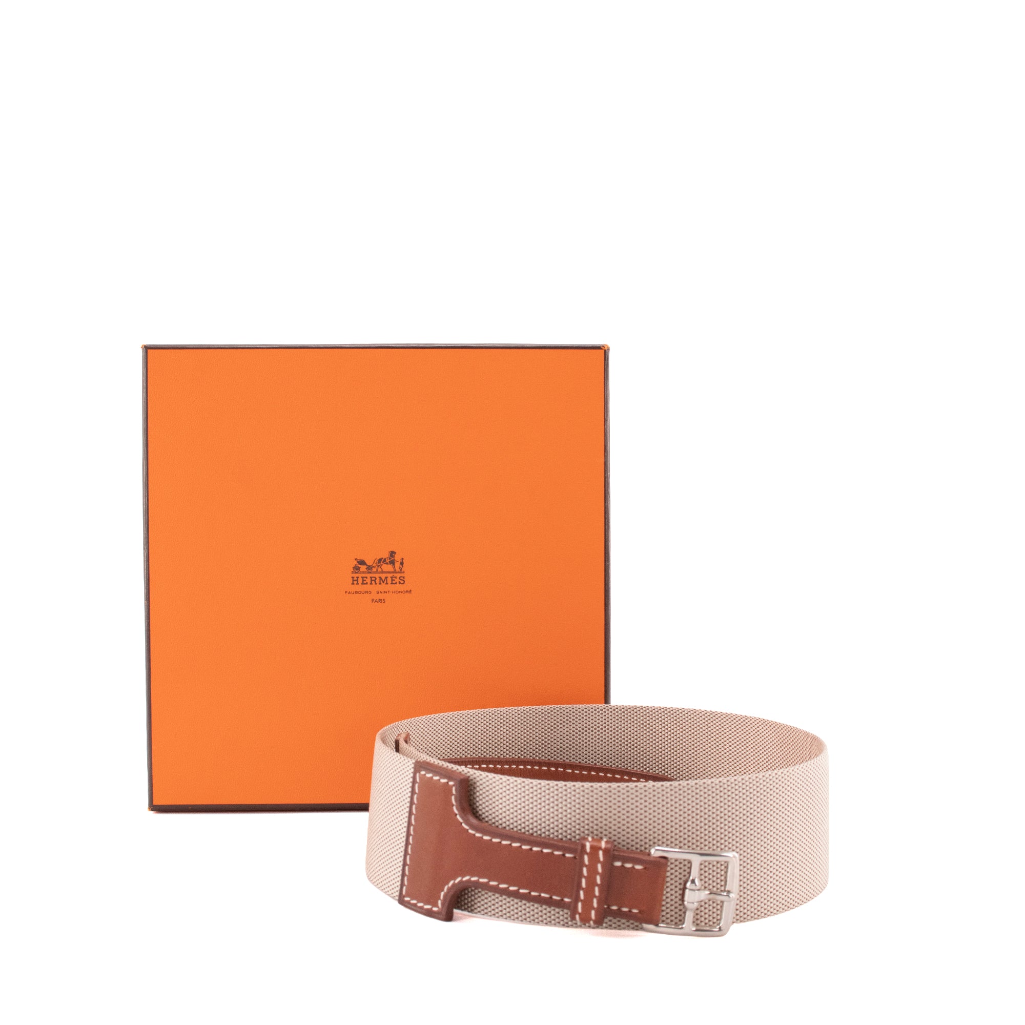 HERMÈS - Ceinture Khan Hermès en toile et cuir barénia vintage (T85)