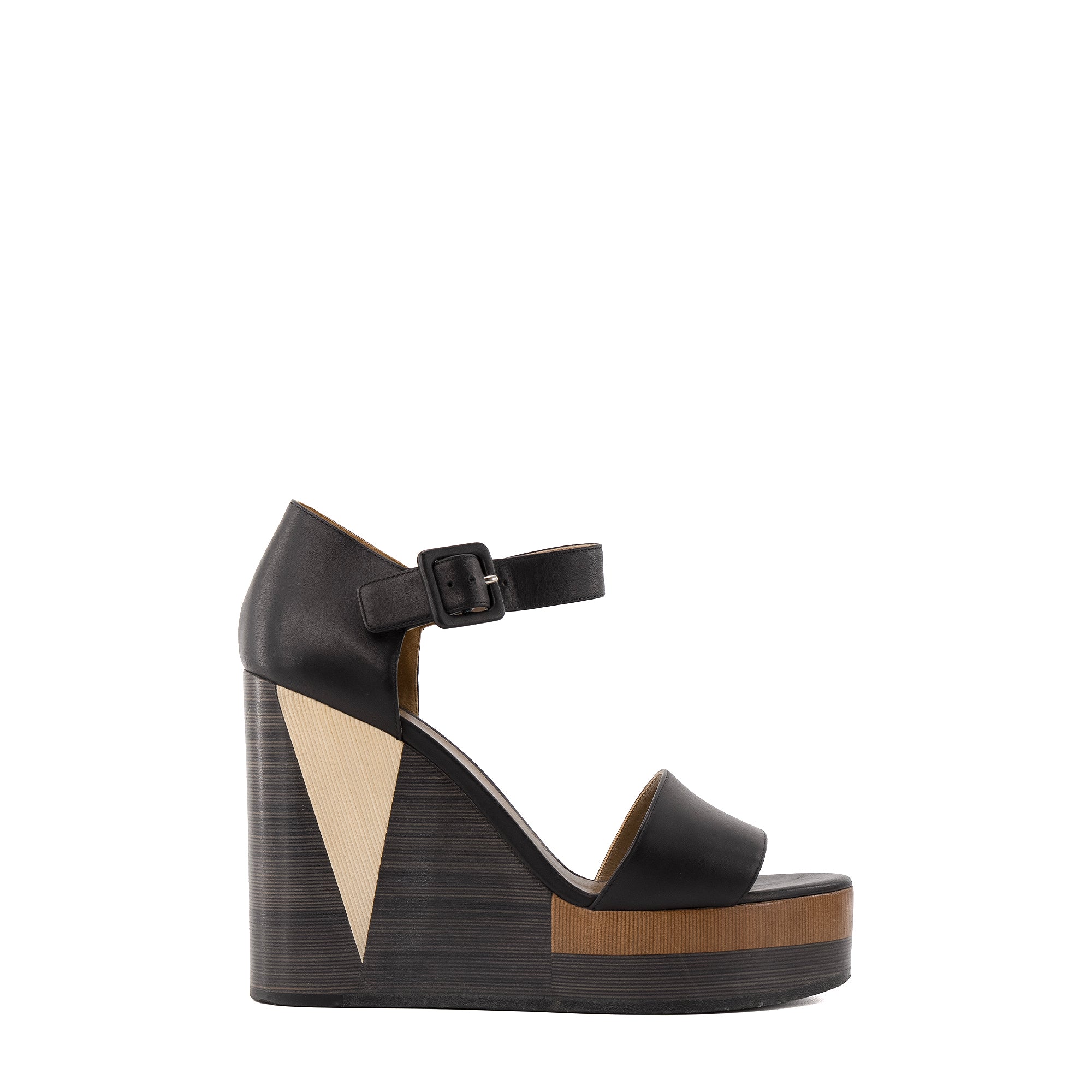 HERMÈS - Sandales compensées Hermès en cuir noir et bois (T38)