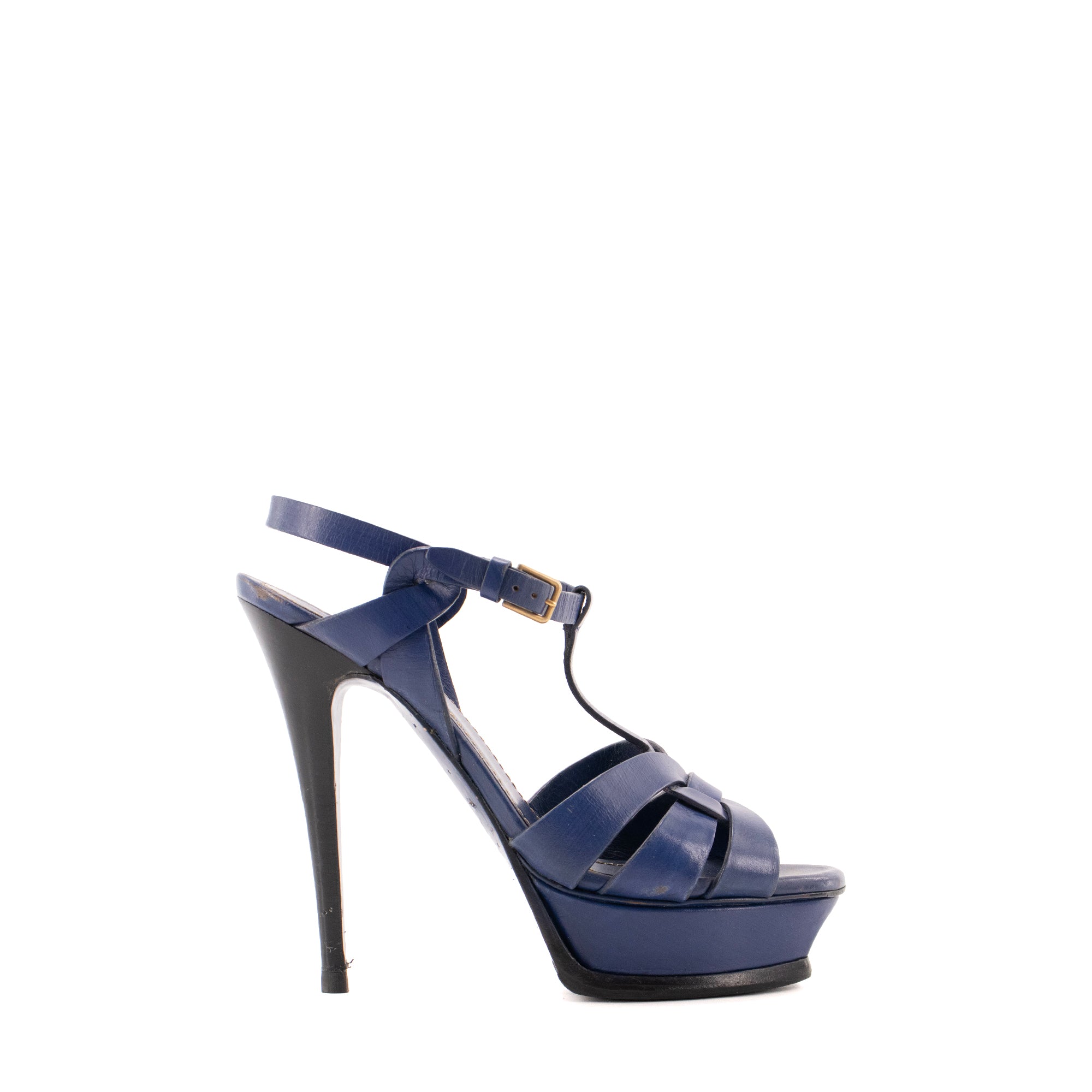 SAINT LAURENT - Sandales à plateforme Tribute Saint Laurent en cuir bleu marine (T38.5)