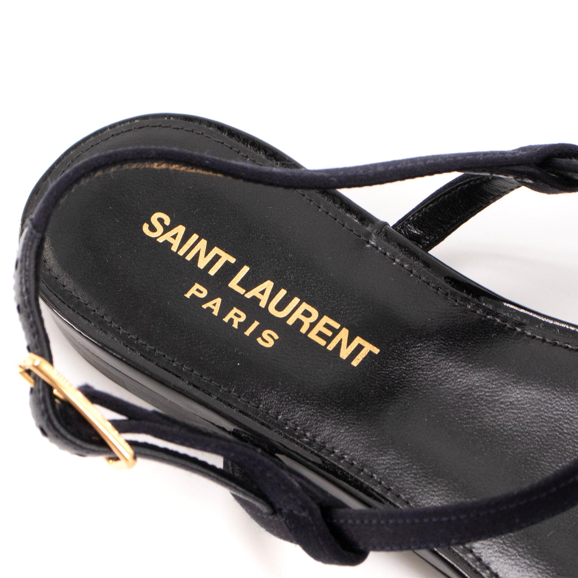SAINT LAURENT - Sandales Cassandra Saint Laurent en satin bleu marine (T38)
