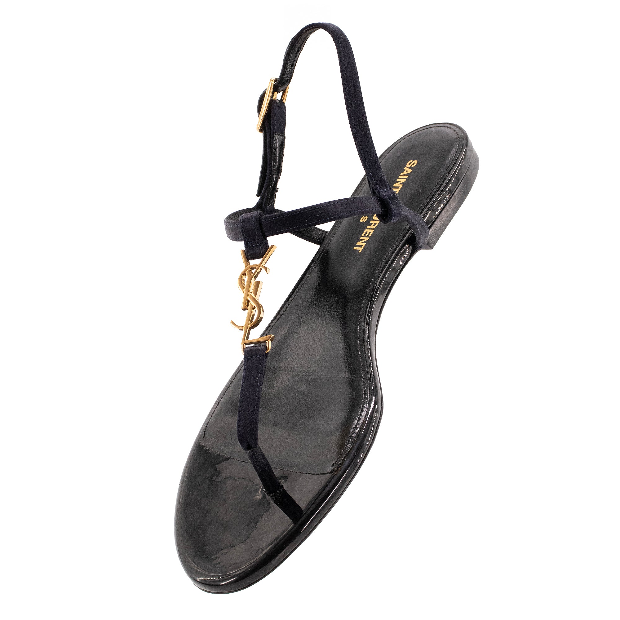 SAINT LAURENT - Sandales Cassandra Saint Laurent en satin bleu marine (T38)