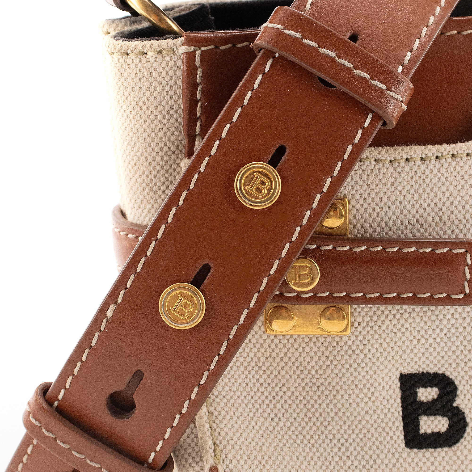BALMAIN - Balmain B-Buzz 22 shoulder bag in beige canvas and brown leather