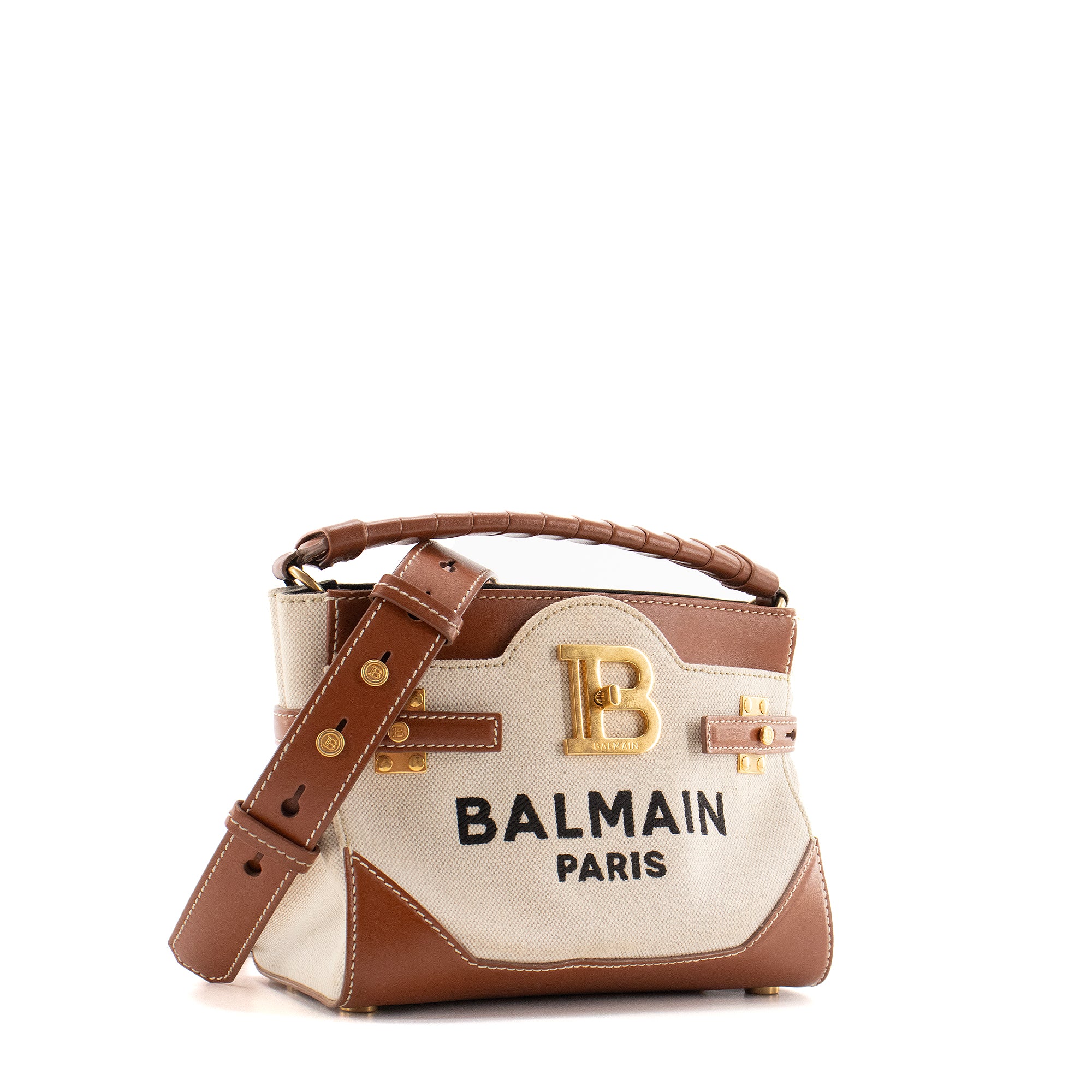 BALMAIN - Balmain B-Buzz 22 shoulder bag in beige canvas and brown leather