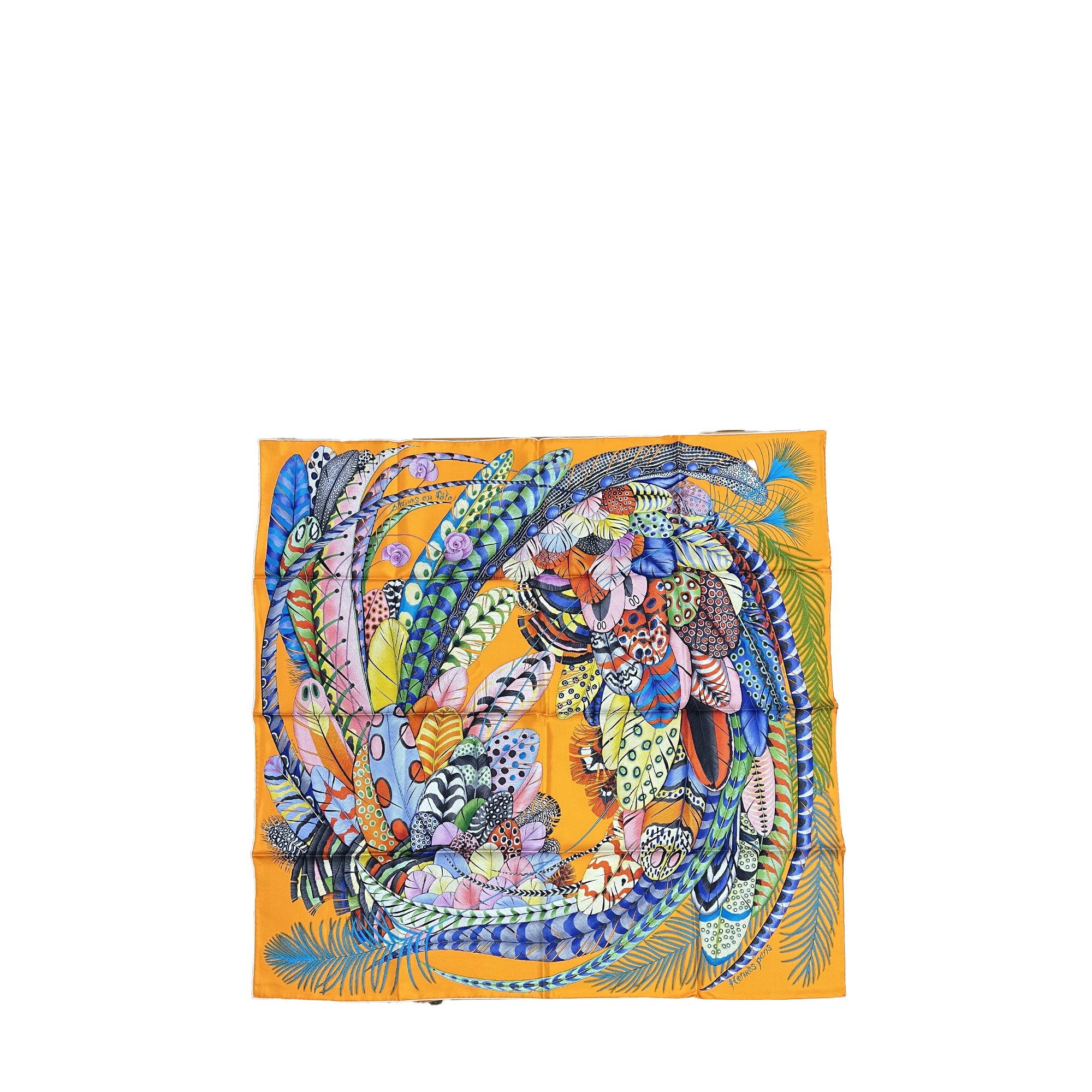 HERMÈS - Hermès 90 Feathers in Party Square in orange silk