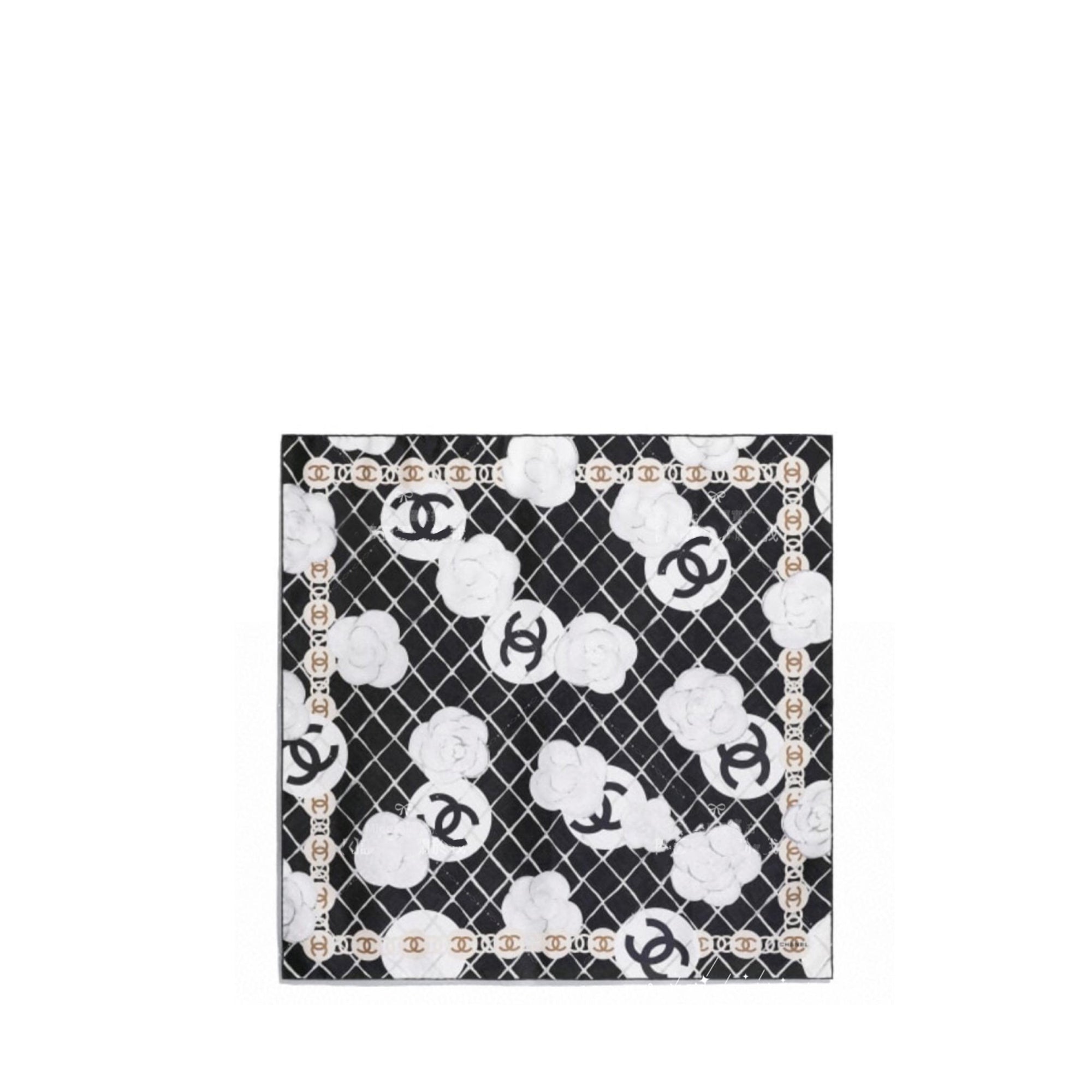 CHANEL - Carré de soie 90 camélia noir et doré