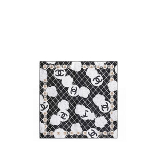 CHANEL - Black and gold camellia 90 silk scarf