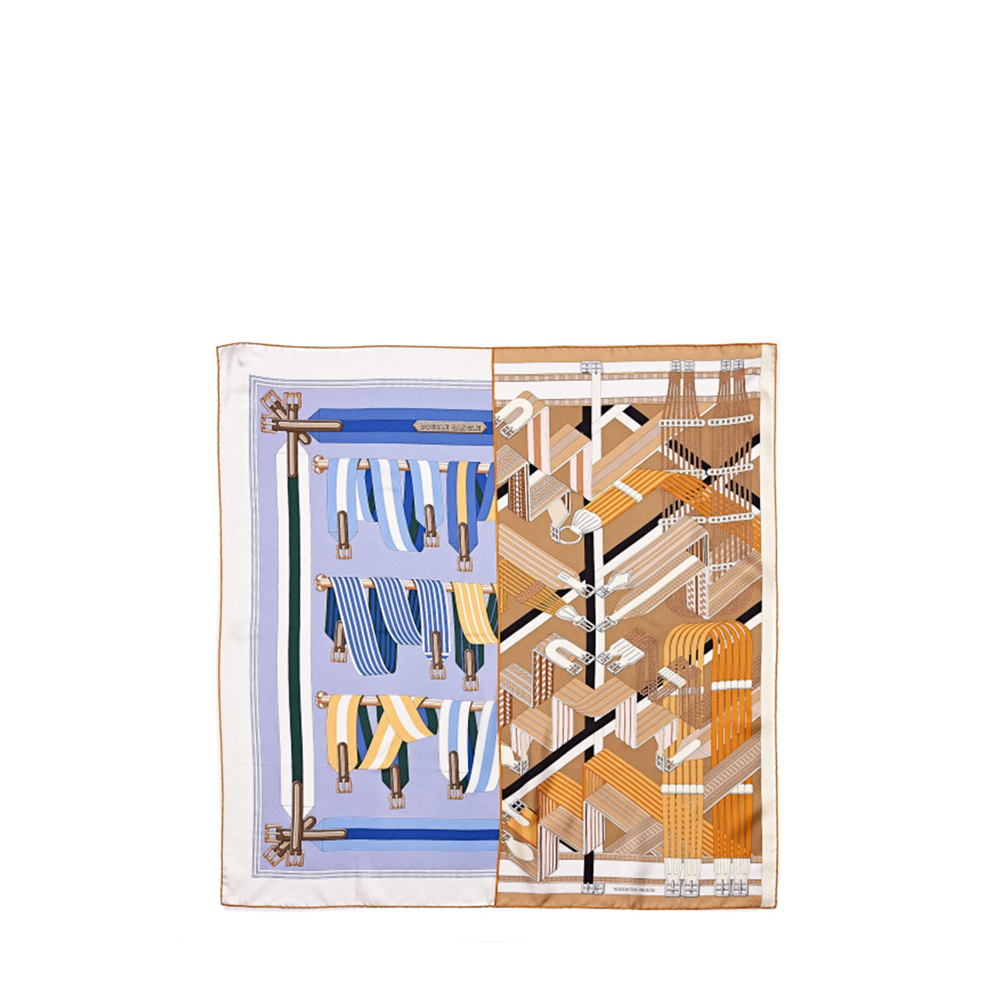 HERMÈS - Carré 90 Double Sangle Hermès en soie bleu marron
