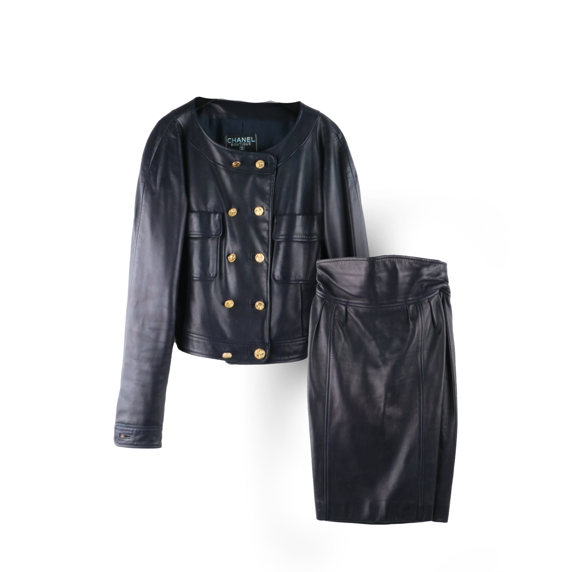 CHANEL - Ensemble veste et jupe en cuir d'agneau bleu marine (XS)