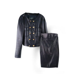 CHANEL - Ensemble veste et jupe en cuir d'agneau bleu marine (XS)