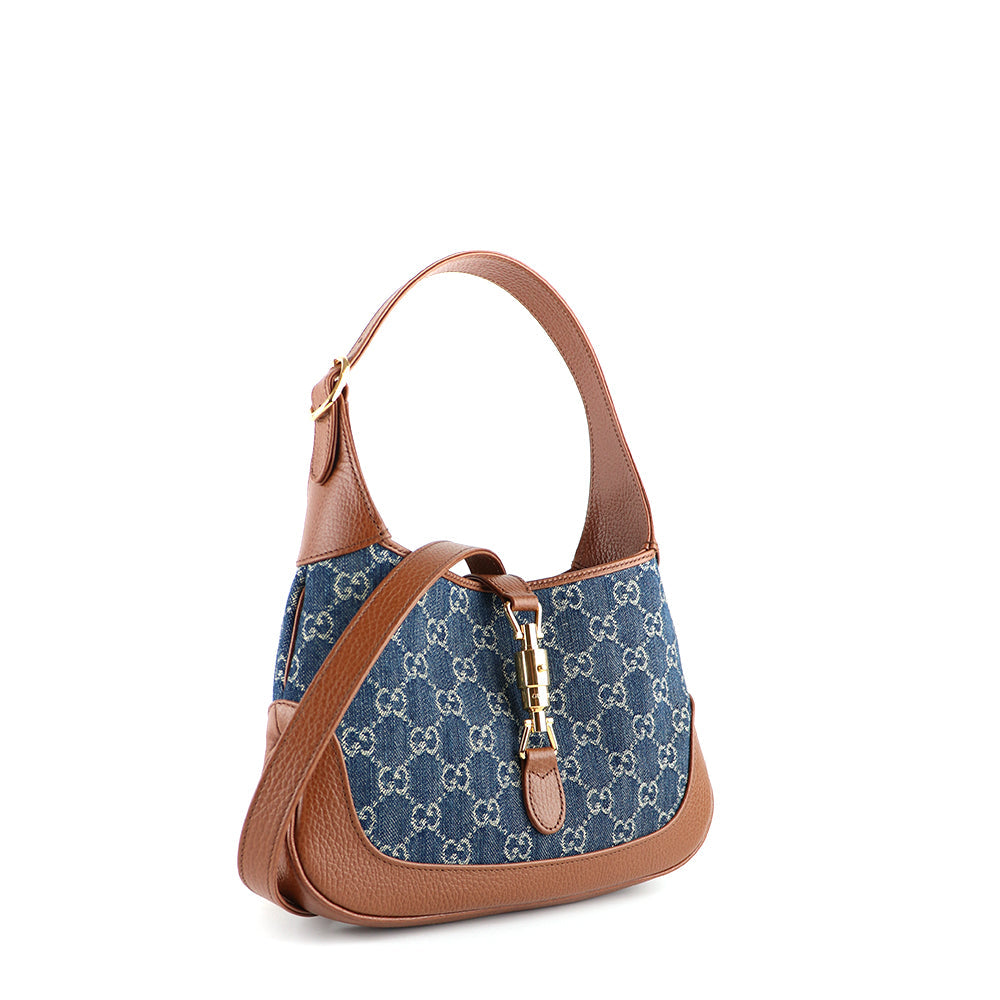 GUCCI - Sac à bandoulière Jackie 1961 petite taille en denim et cuir grainé marron