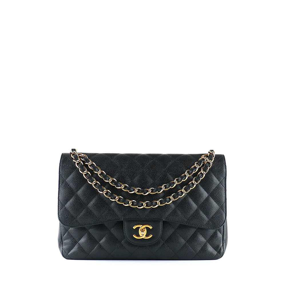 CHANEL - Sac à bandoulière Classique / Timeless Jumbo double flap en cuir caviar noir