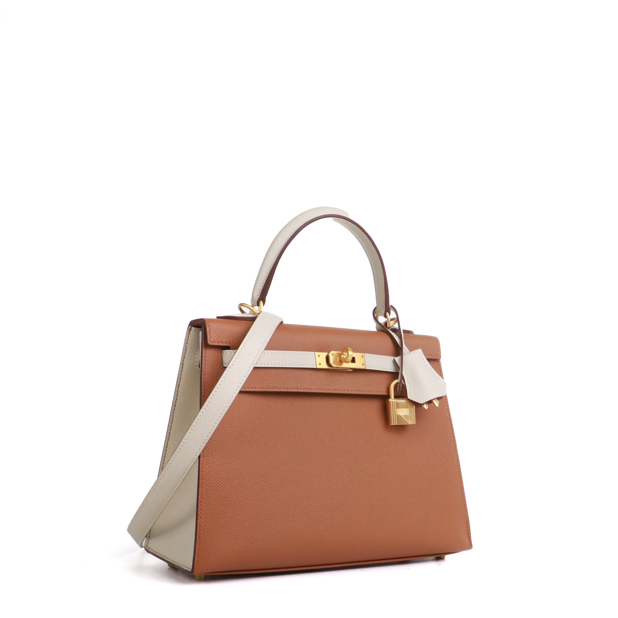 HERMÈS - Sac à main Kelly 25 Hermès bicolore en cuir epsom gold et craie