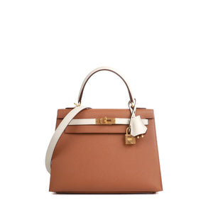 HERMÈS - Sac à main Kelly 25 Hermès bicolore en cuir epsom gold et craie