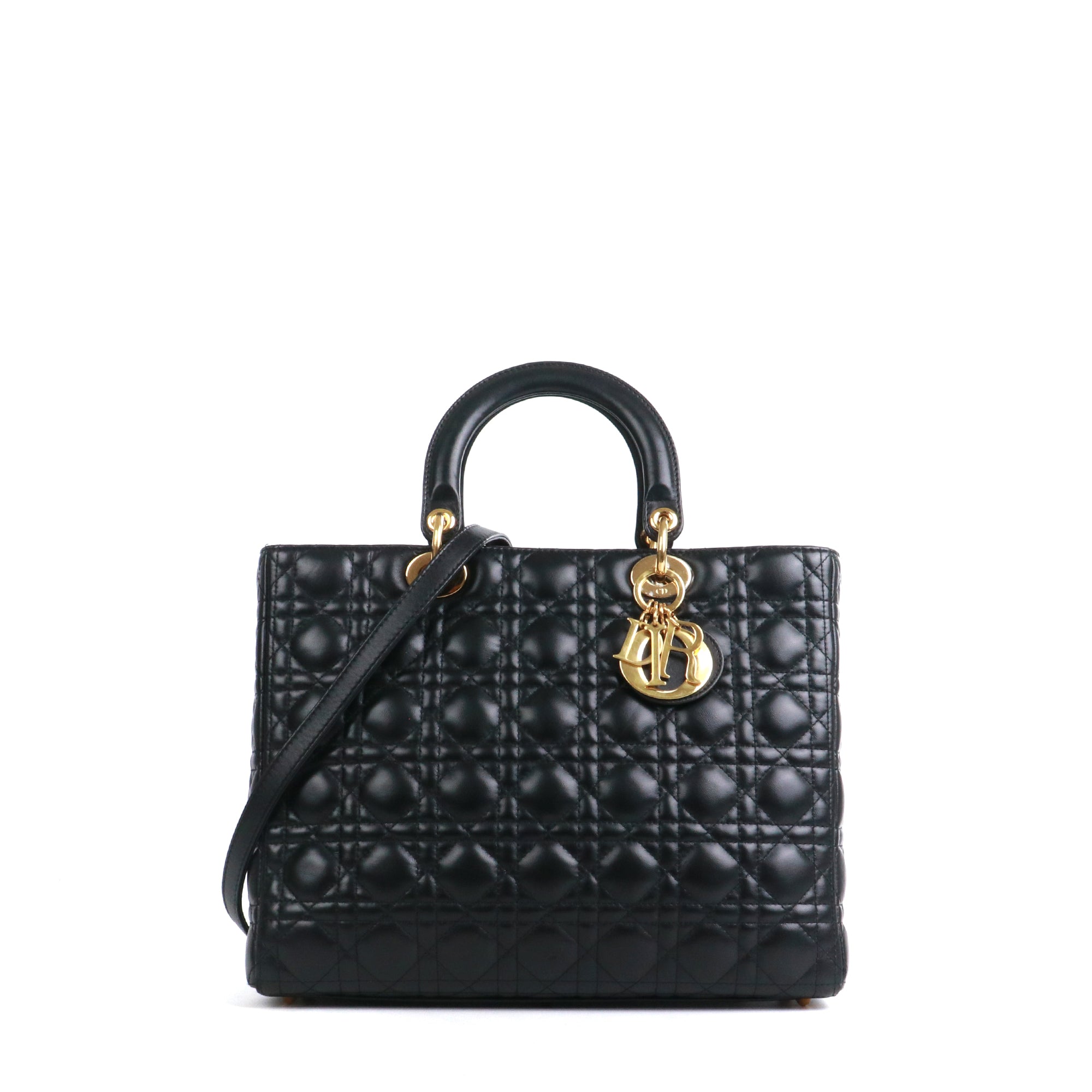 DIOR - Large Lady Dior handbag in black quilted leather