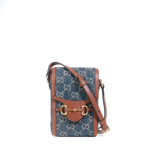 GUCCI - 1955 Mini horsebit detail shoulder bag in denim and brown leather