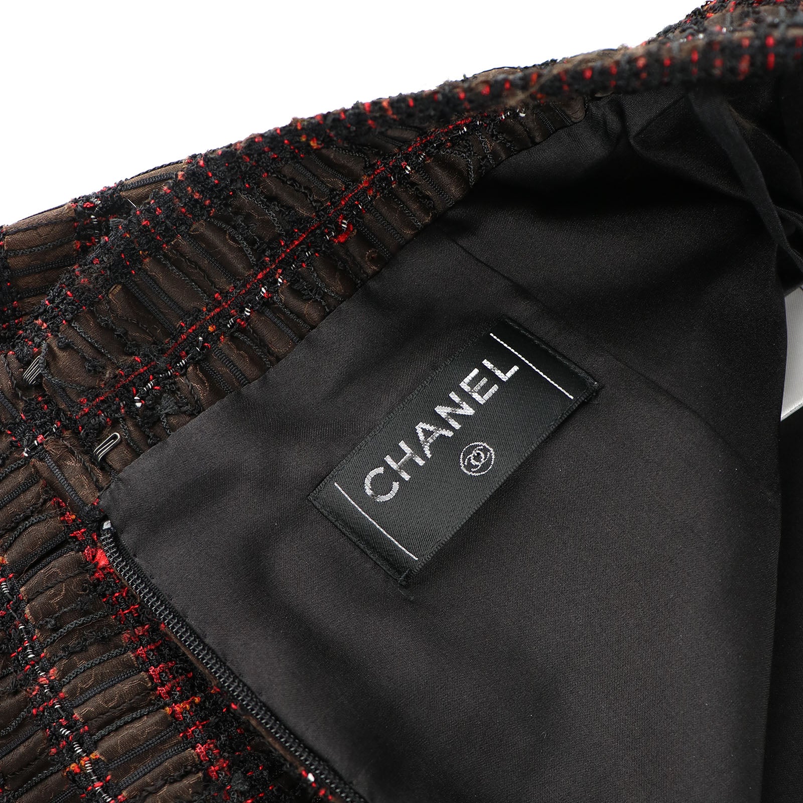 CHANEL - Jupe en tweed marron et rouge (T34)