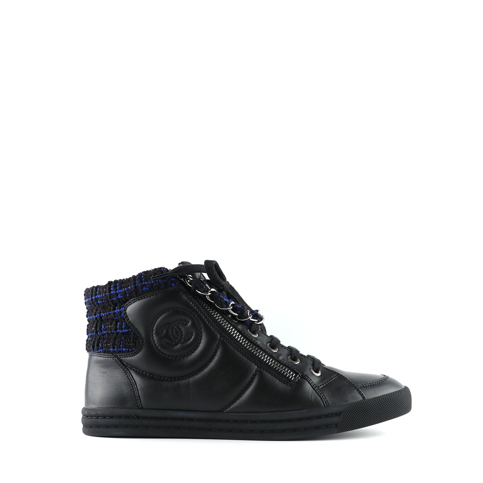CHANEL - Baskets montantes en cuir noir et tweed (T38,5)