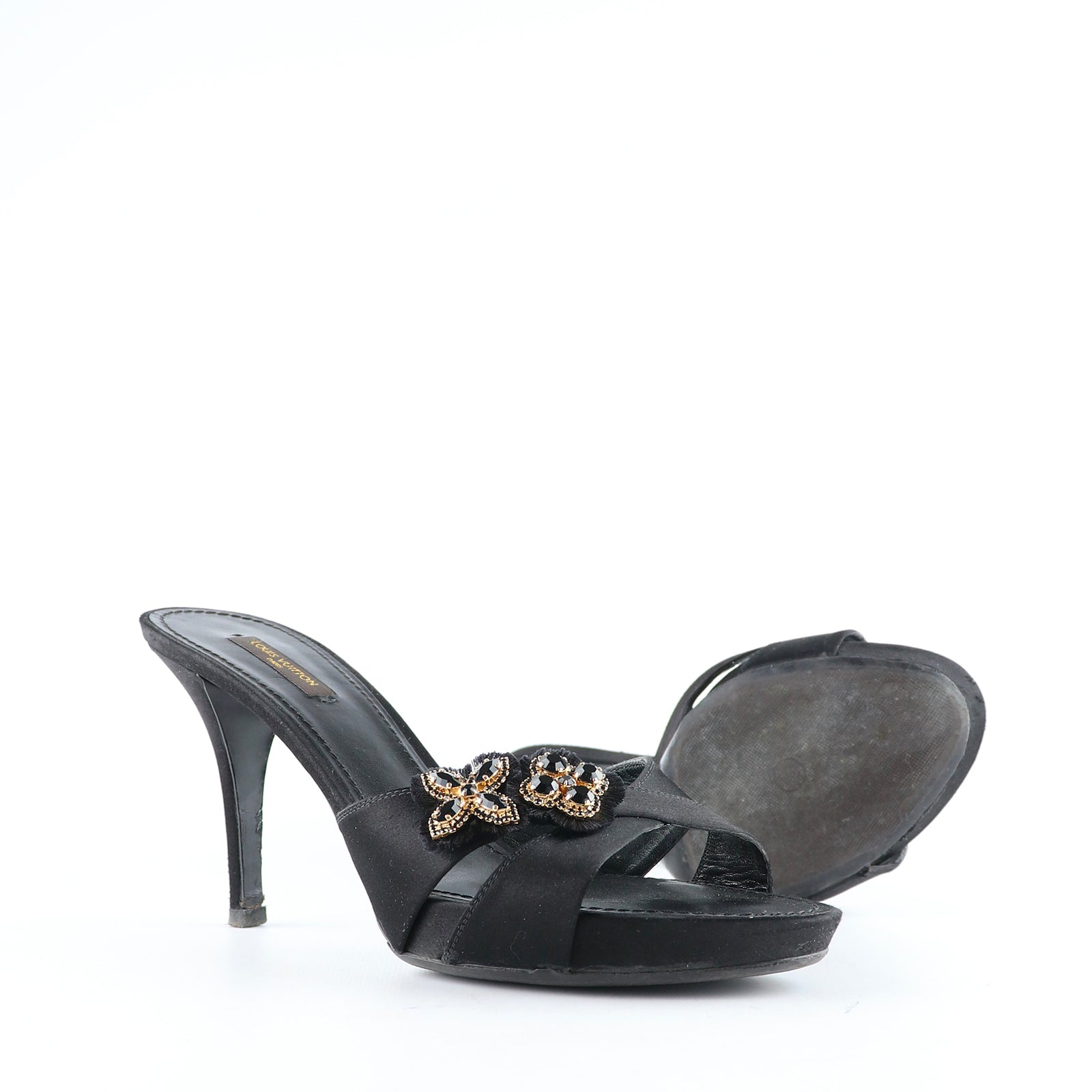 LOUIS VUITTON - Satin and leather heeled sandals (T39.5)