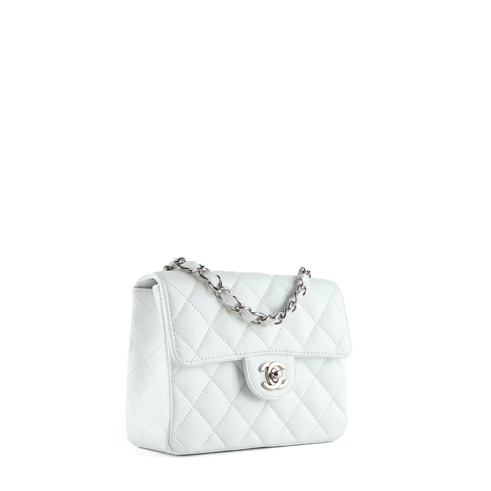 CHANEL - Sac à bandoulière Timeless mini square en cuir grainé blanc