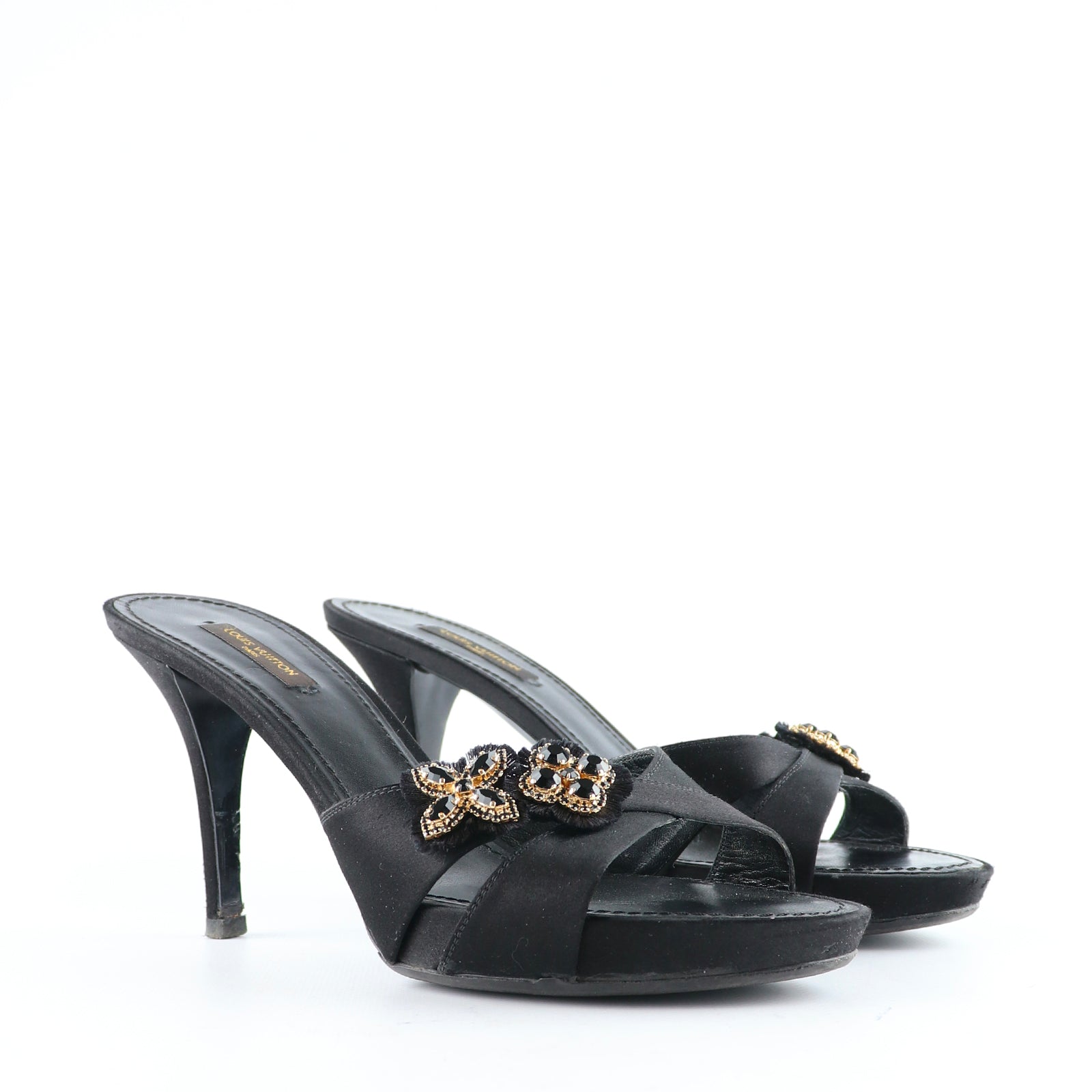 LOUIS VUITTON - Satin and leather heeled sandals (T39.5)