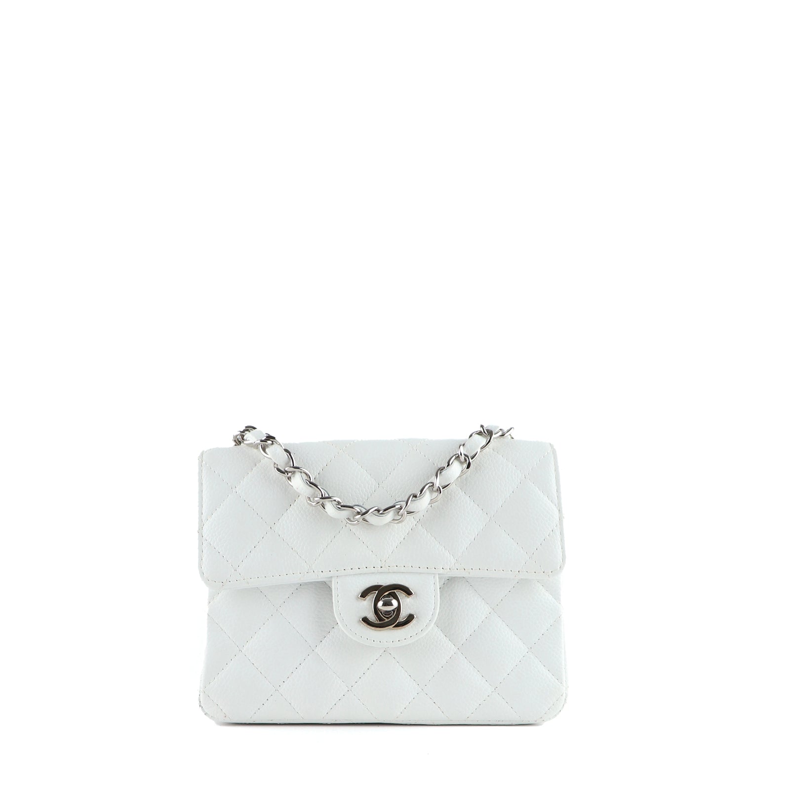 CHANEL - Sac à bandoulière Timeless mini square en cuir grainé blanc