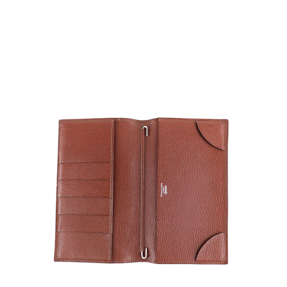 HERMÈS - Porte agenda Citizen Long combiné en cuir grainé marron vintage