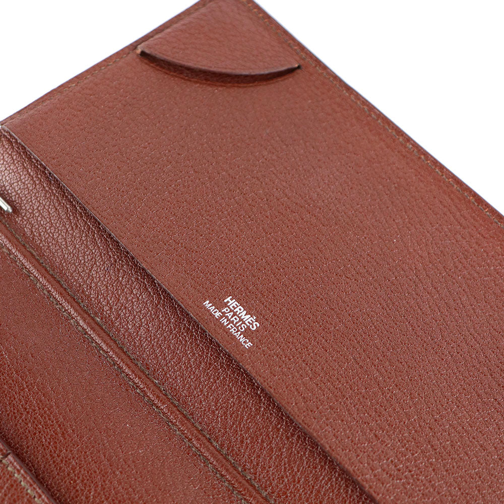 HERMÈS - Porte agenda Citizen Long combiné en cuir grainé marron vintage
