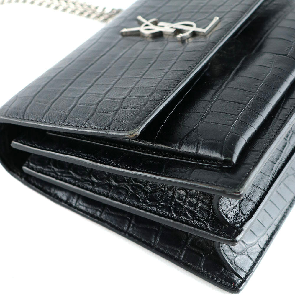 SAINT LAURENT - Medium Sunset shoulder bag in black crocodile-embossed leather